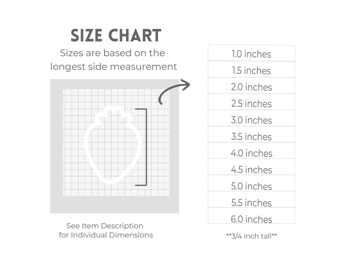 The image is a size chart that provides measurements for various items based on their longest side measurement. The chart includes a scale ranging from 10 inches to 6 inches, with smaller increments between the larger ones. The chart also includes a description for individual dimensions, such as "3/4 inch tall", which can be used to provide more specific information about the item being measured.