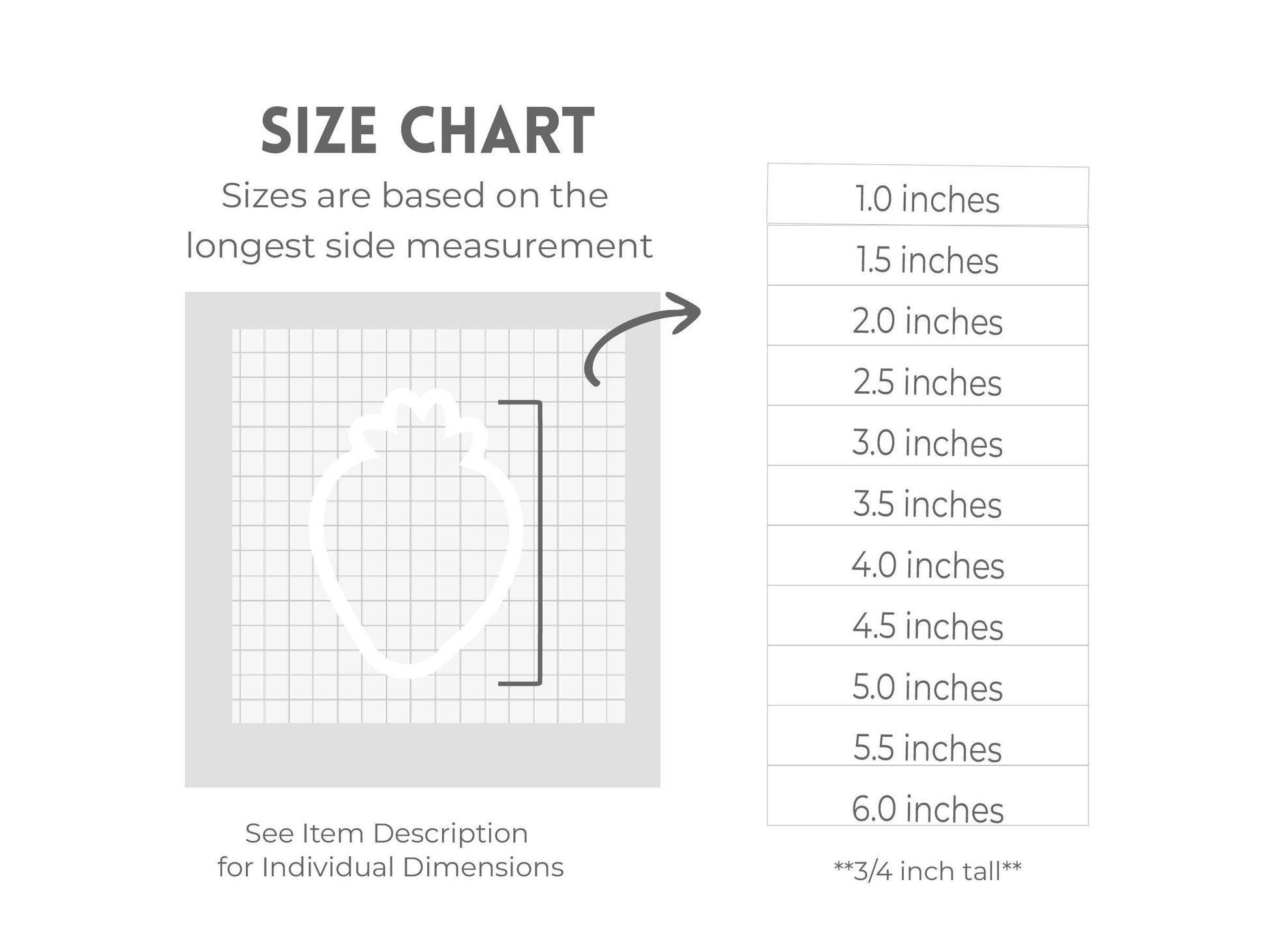 The image is a size chart that provides measurements for various items based on their longest side measurement. The chart includes a scale ranging from 10 inches to 6 inches, with smaller increments between the larger ones. The chart also includes a description for individual dimensions, such as "3/4 inch tall", which can be used to provide more specific information about the item being measured.