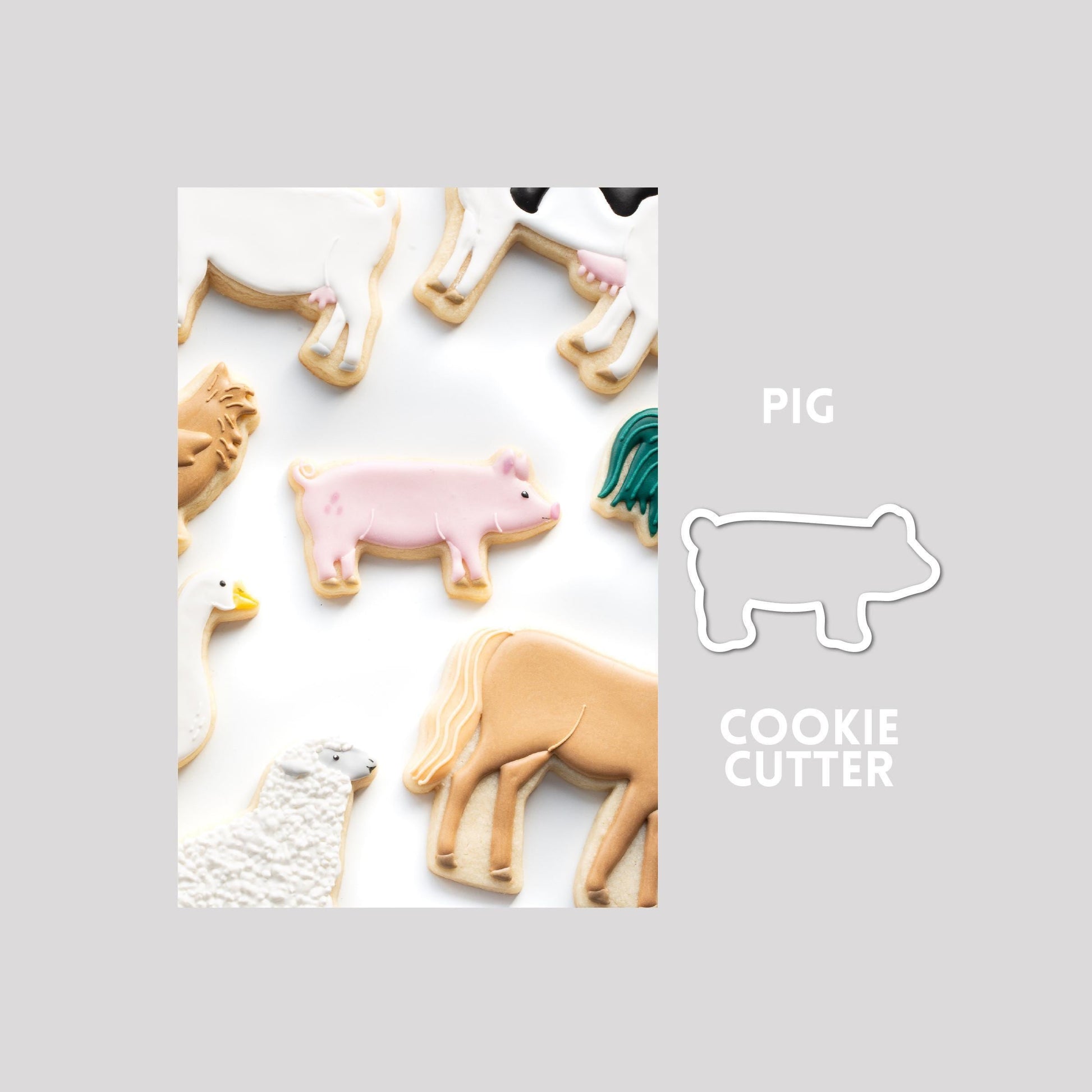 Decorated pig sugar cookie next to a pig cookie cutter outline on a gray background.