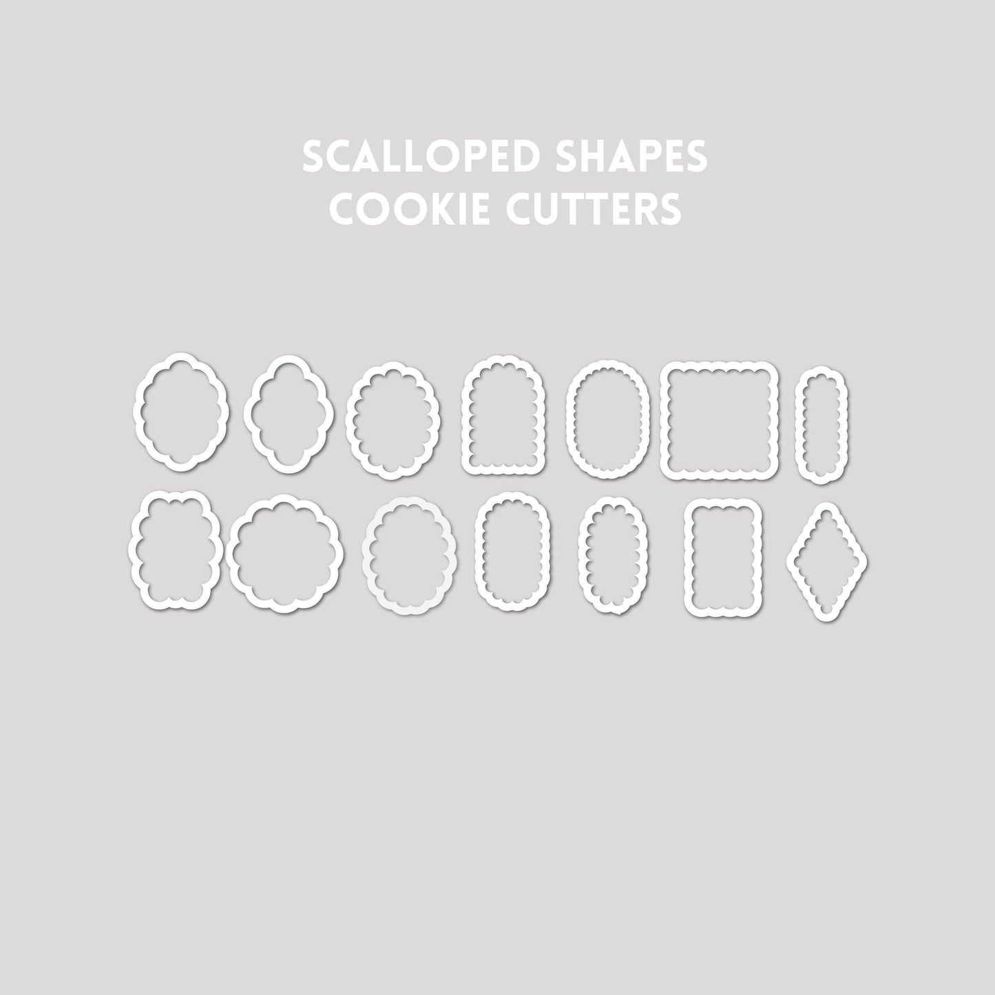 Various scalloped shaped cookie cutter outlines on a gray background.