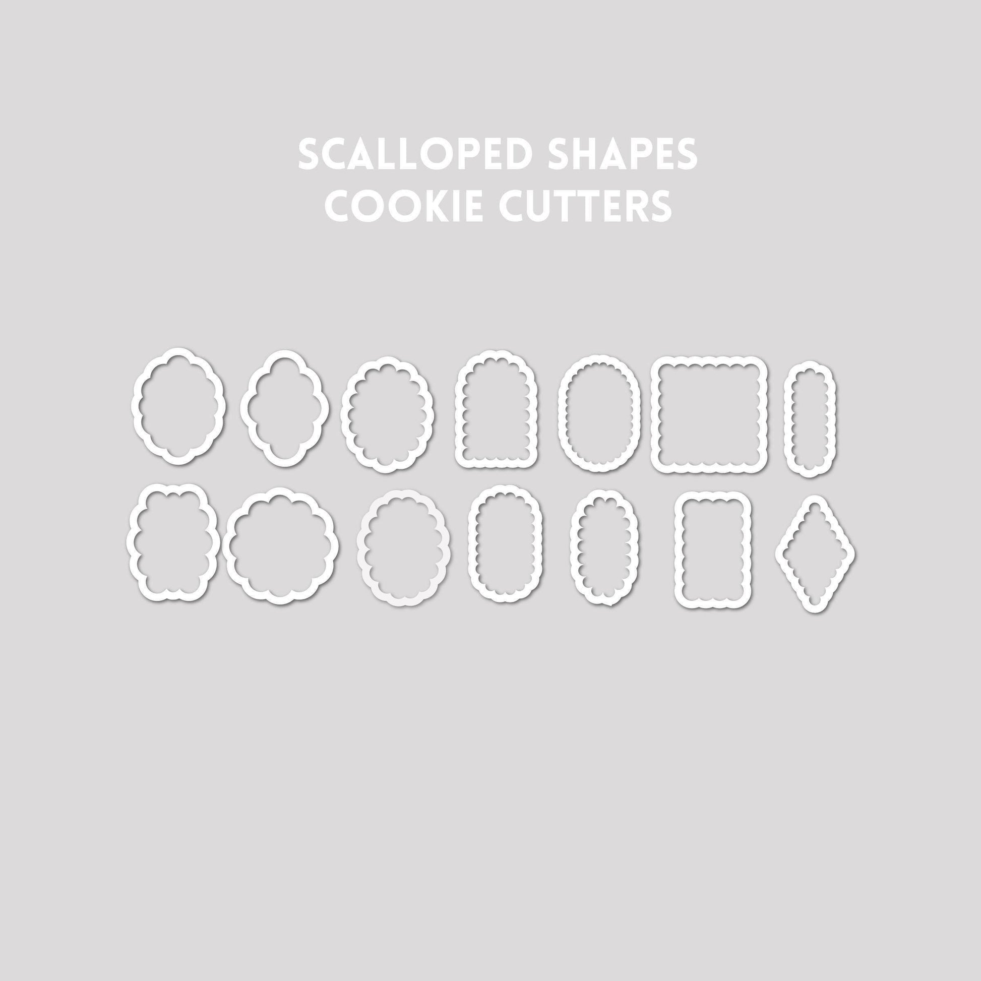 Various scalloped shaped cookie cutter outlines on a gray background.