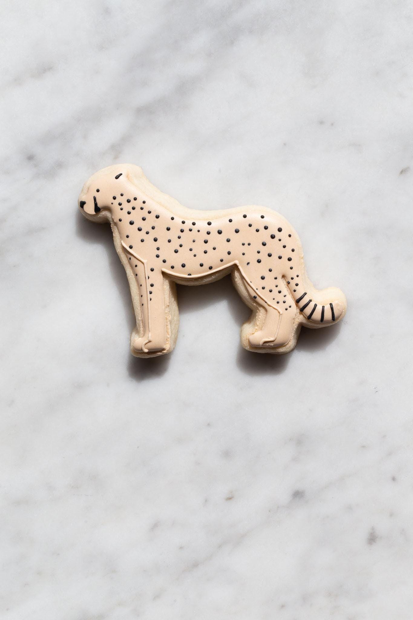 A cheetah-shaped cookie is placed on a marble surface.