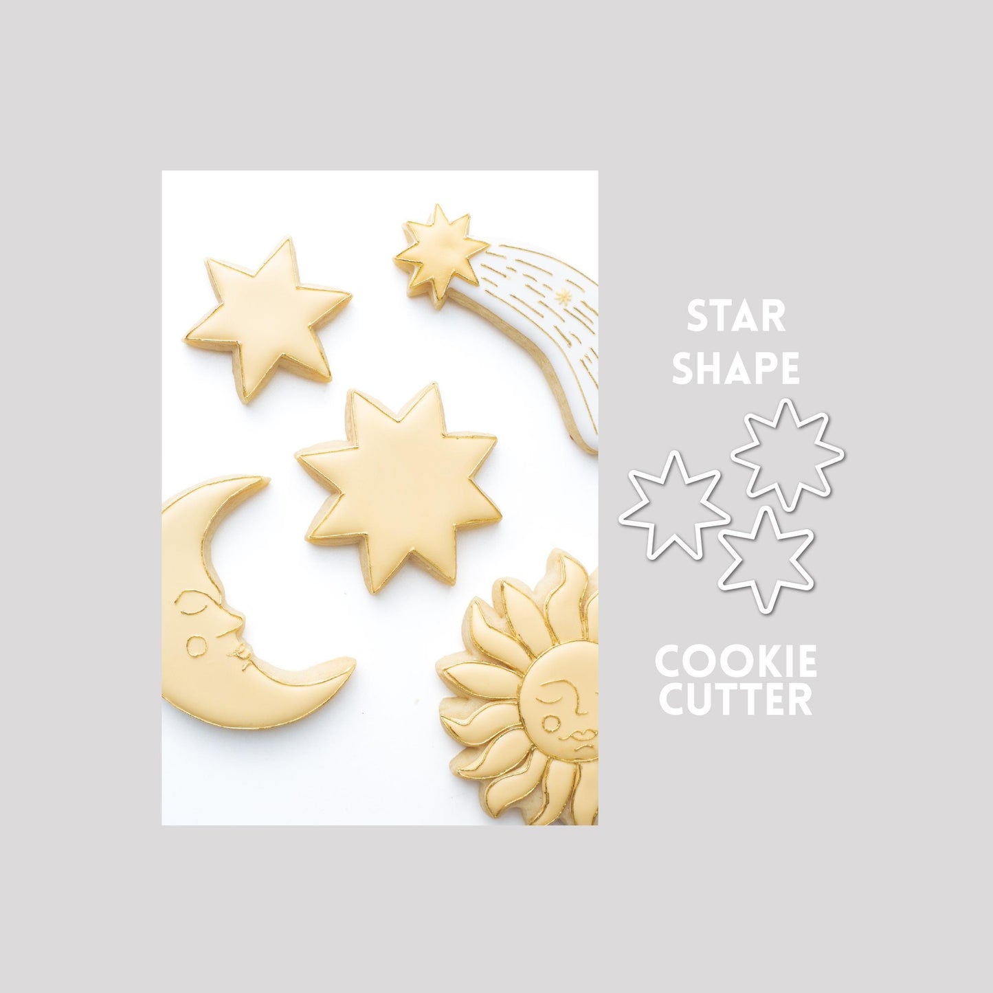 Decorated star shape sugar cookie next to a star shape cookie cutter outline on a gray background.