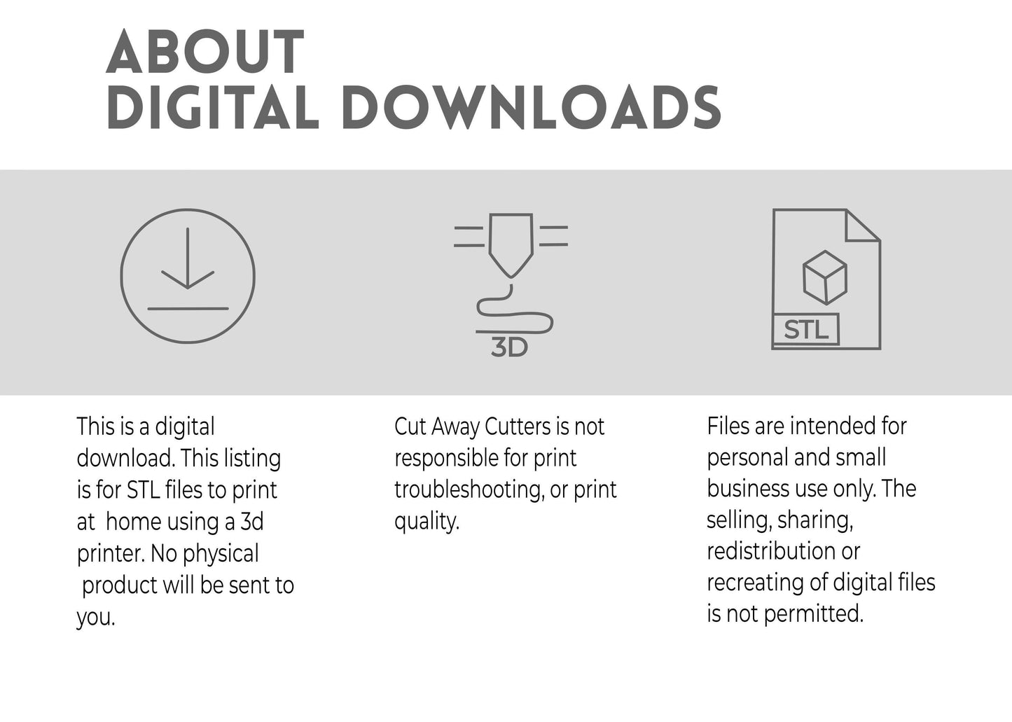 The image is a digital download listing for Cut Away Cutters, which is not responsible for print troubleshooting or print quality. The files are intended for personal and small business use only, and the selling, sharing, redistributing or recreating of digital files is not permitted.