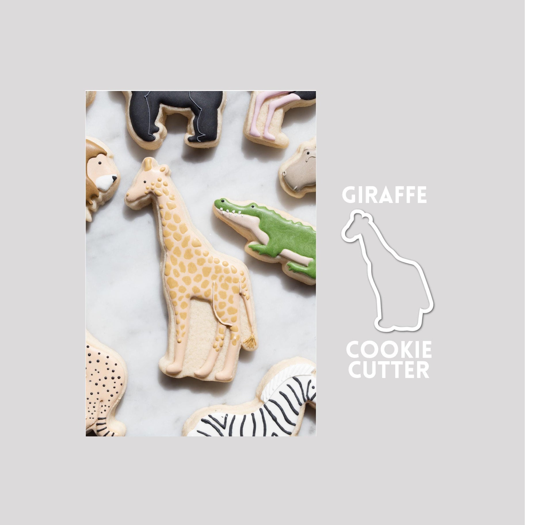 Decorated giraffe sugar cookie next to a giraffe cookie cutter outline on a gray background.