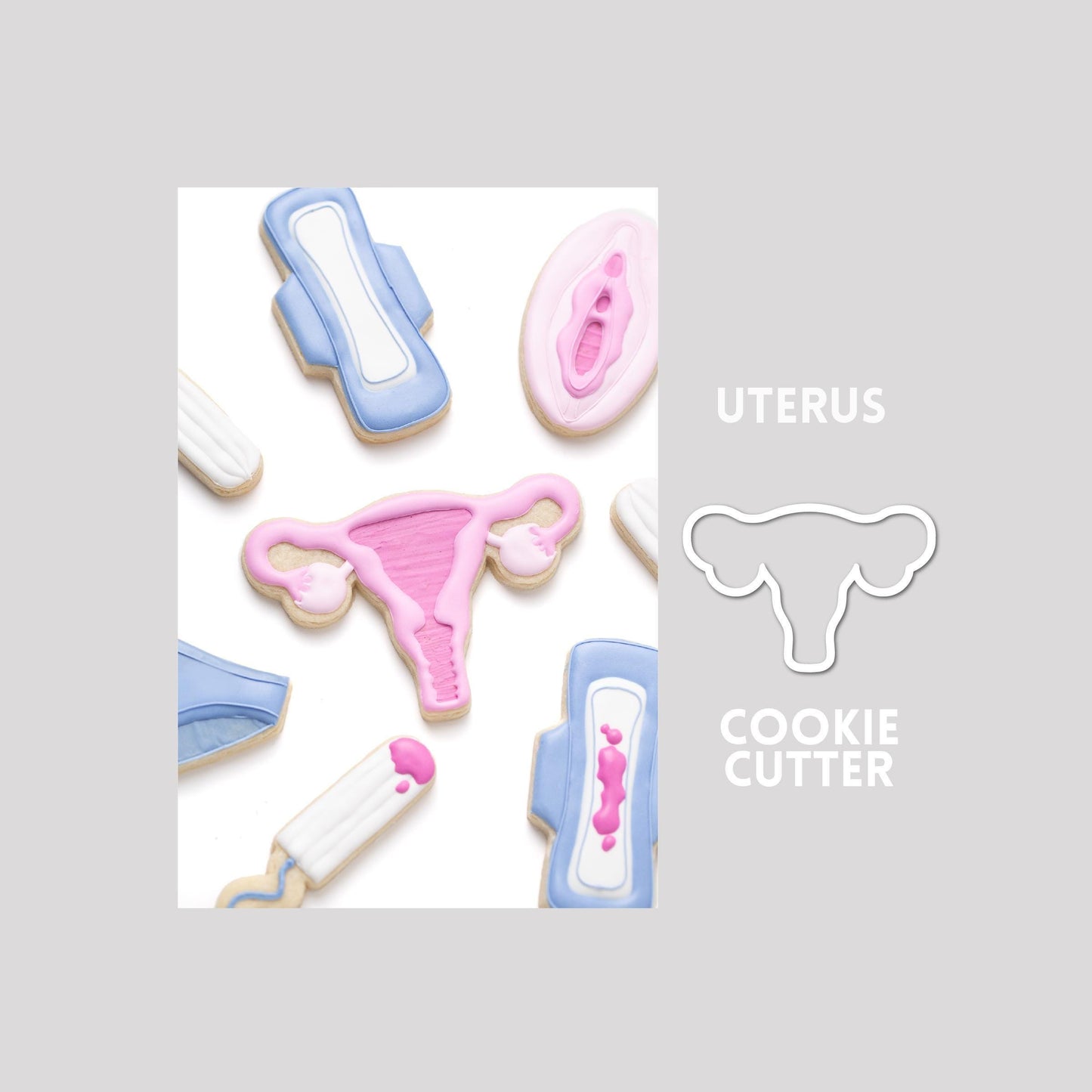 Decorated uterus sugar cookie next to a uterus cookie cutter outline on a gray background.