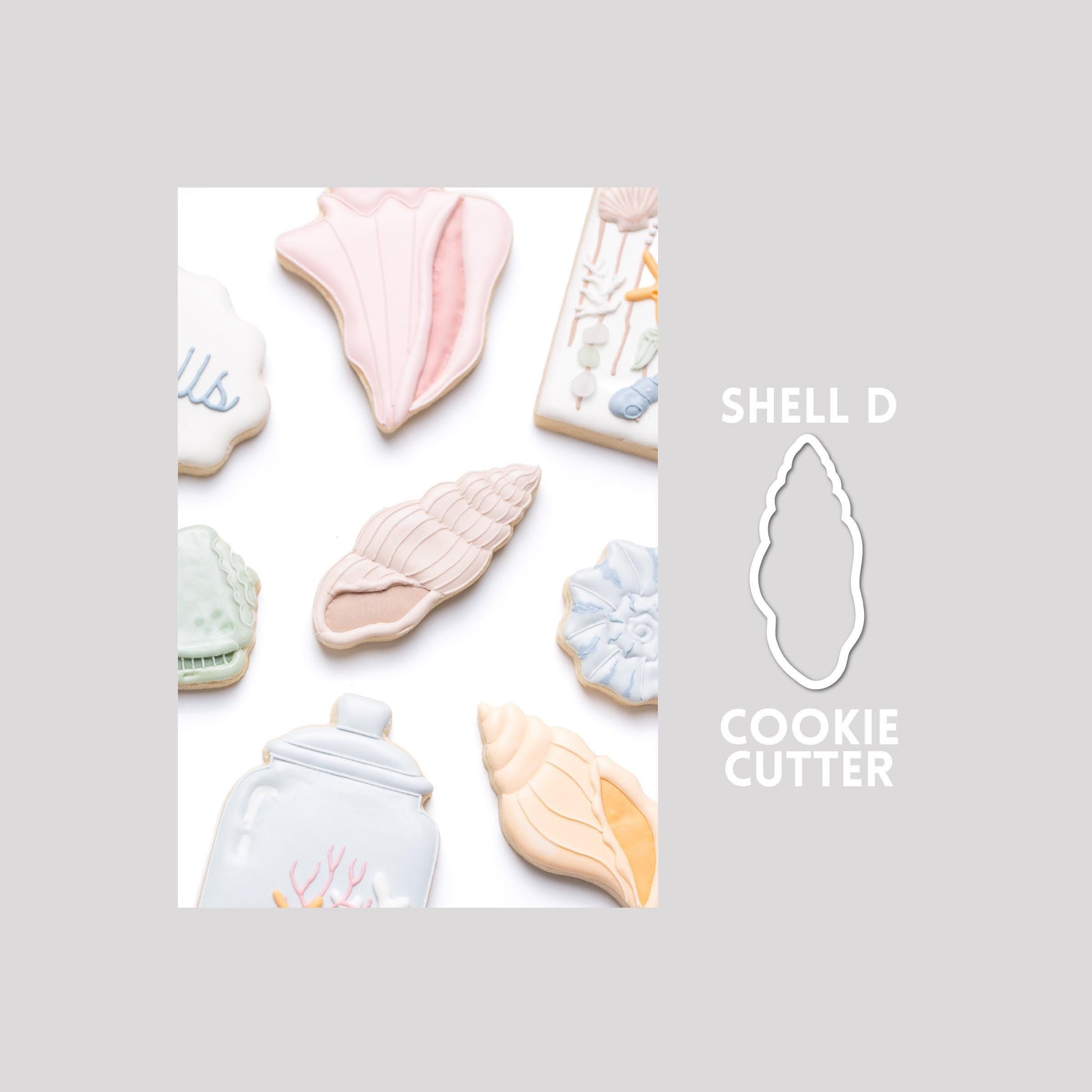 Decorated seashell sugar cookie next to a seashell cookie cutter outline on a gray background.