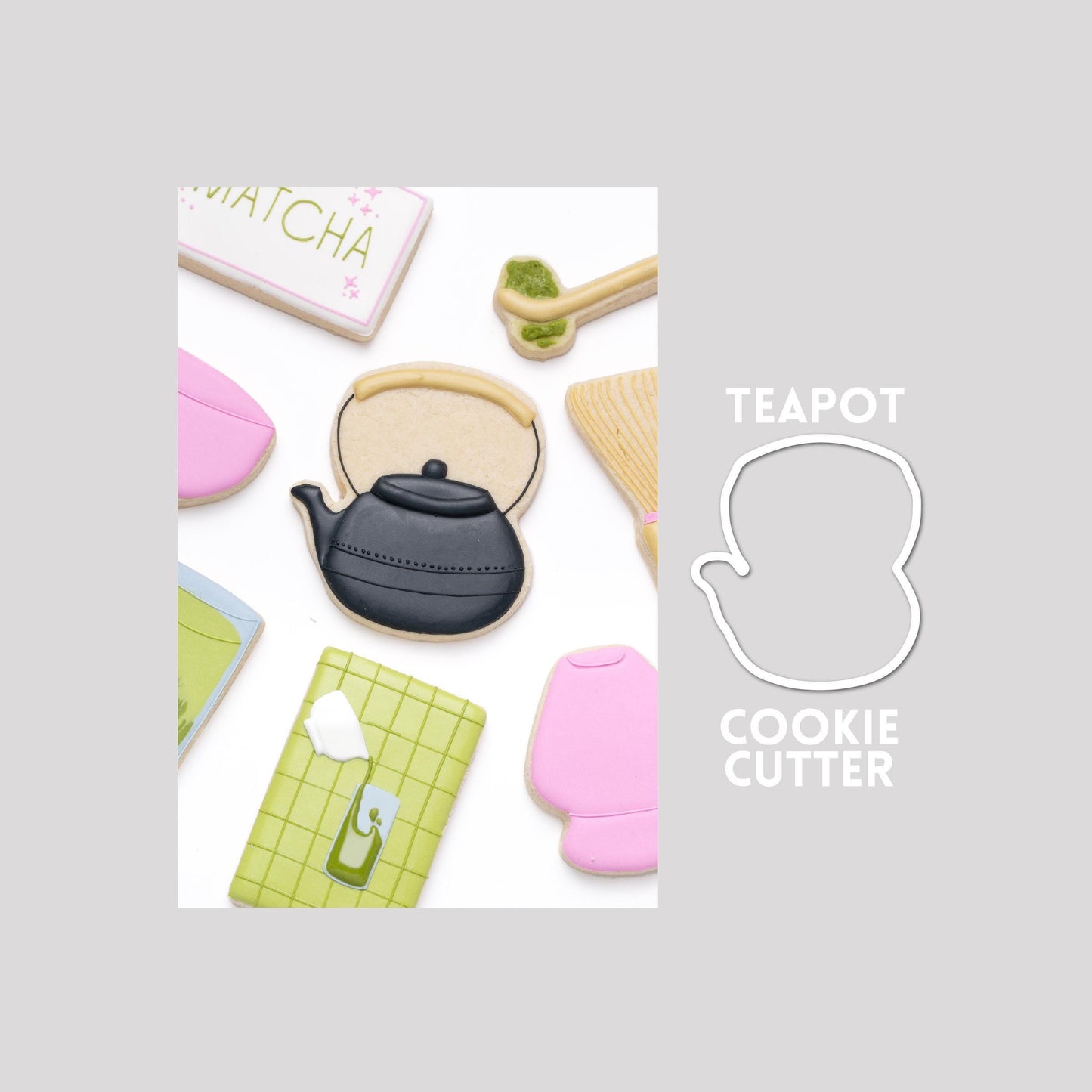 Decorated teapot sugar cookie next to a teapot cookie cutter outline on a gray background.