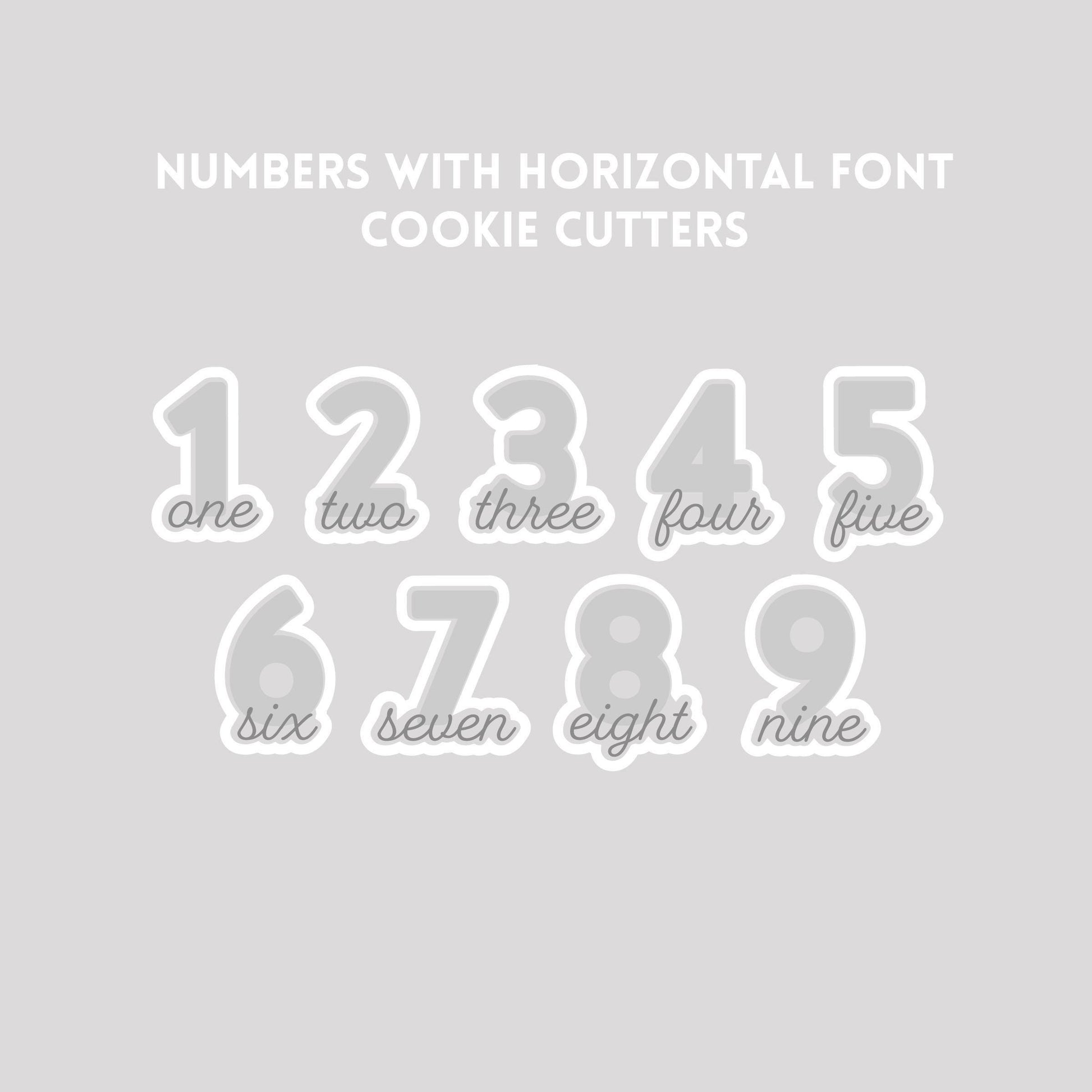 Numbers 1 through 9 with horizontal font cookie cutter outline on a gray background.