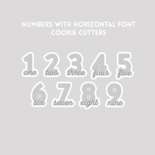 Numbers 1 through 9 with horizontal font cookie cutter outline on a gray background.