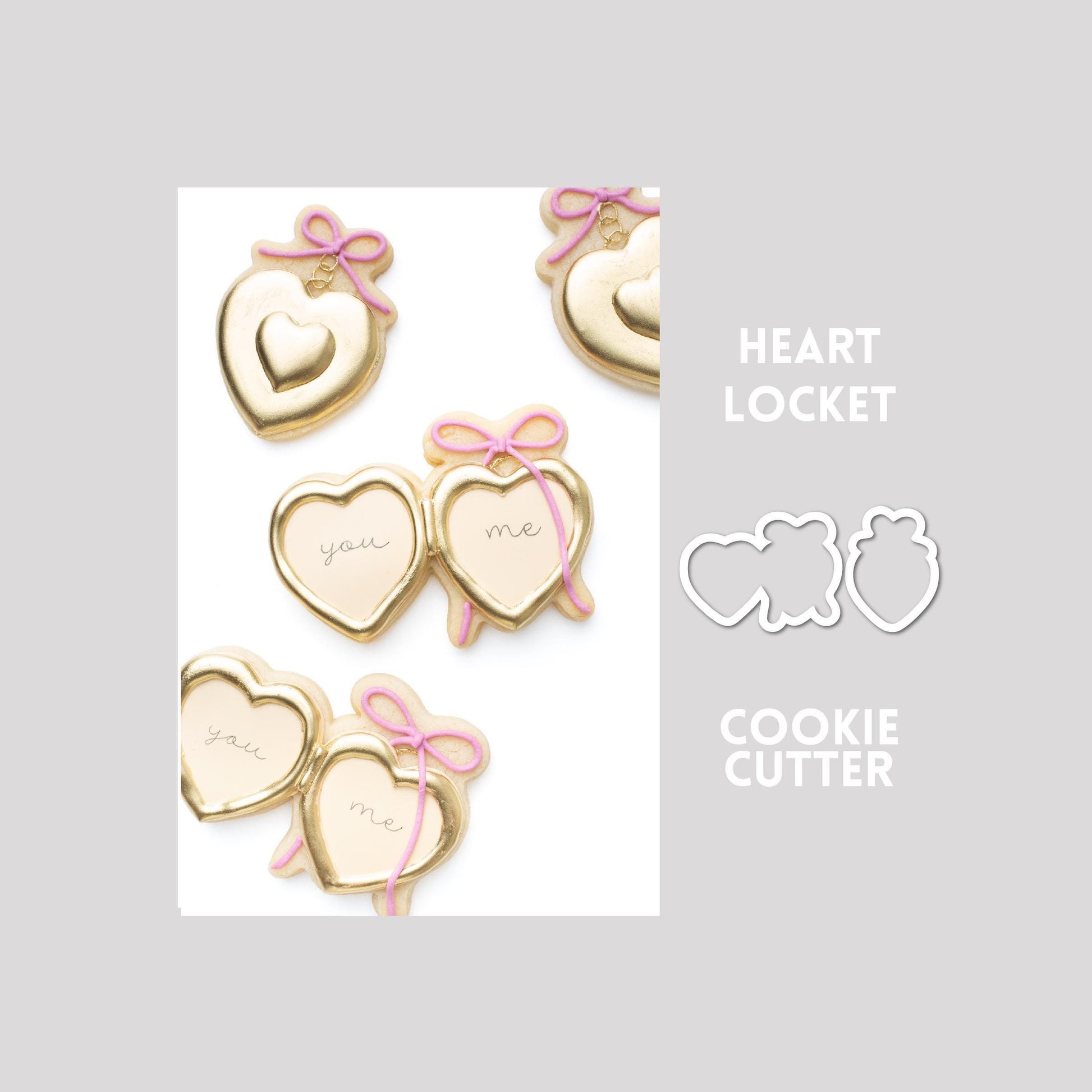 Decorated heart locket sugar cookie next to a heart locket cookie cutter outline on a gray background.