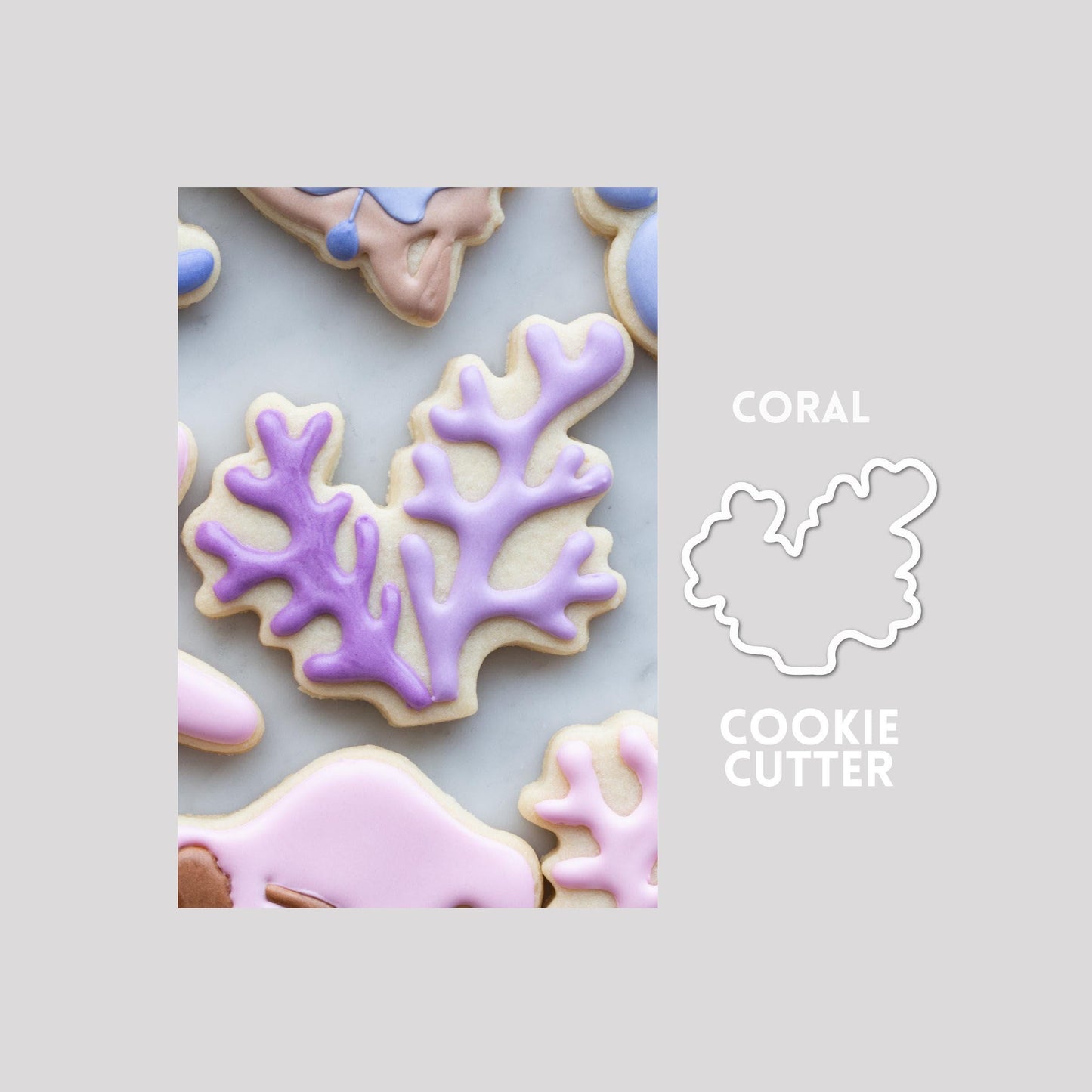 Decorated coral sugar cookie next to a coral cookie cutter outline on a gray background.