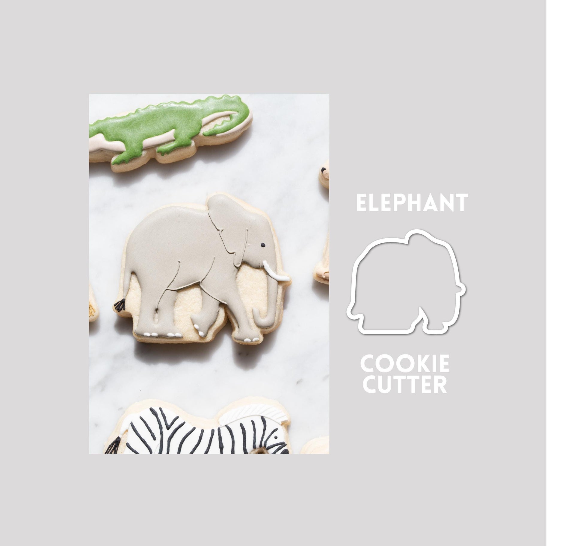 Decorated Elephant sugar cookie next to a Elephant cookie cutter outline on a gray background.