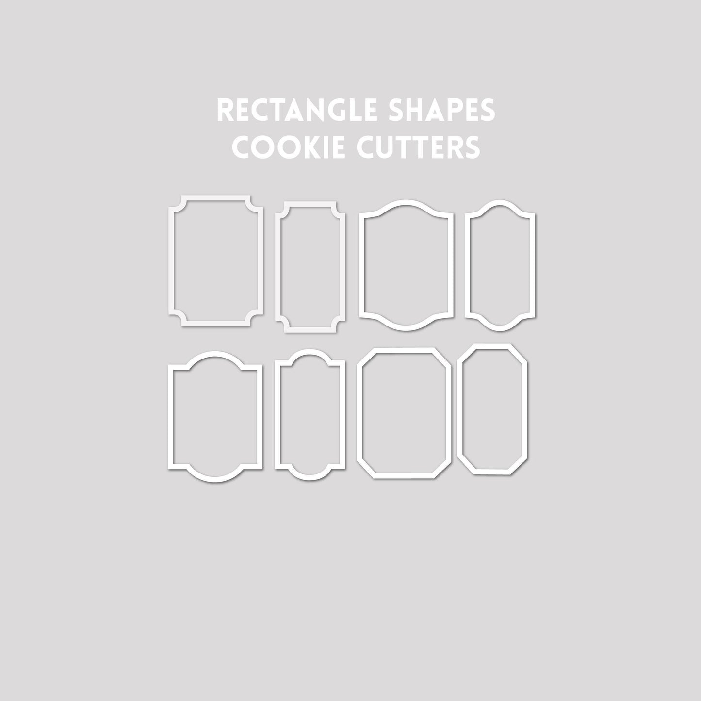 Various rectangle shaped cookie cutter outlines on a gray background.