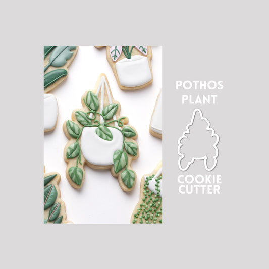 Decorated pothos plant sugar cookie next to a pothos plant cookie cutter outline on a gray background.