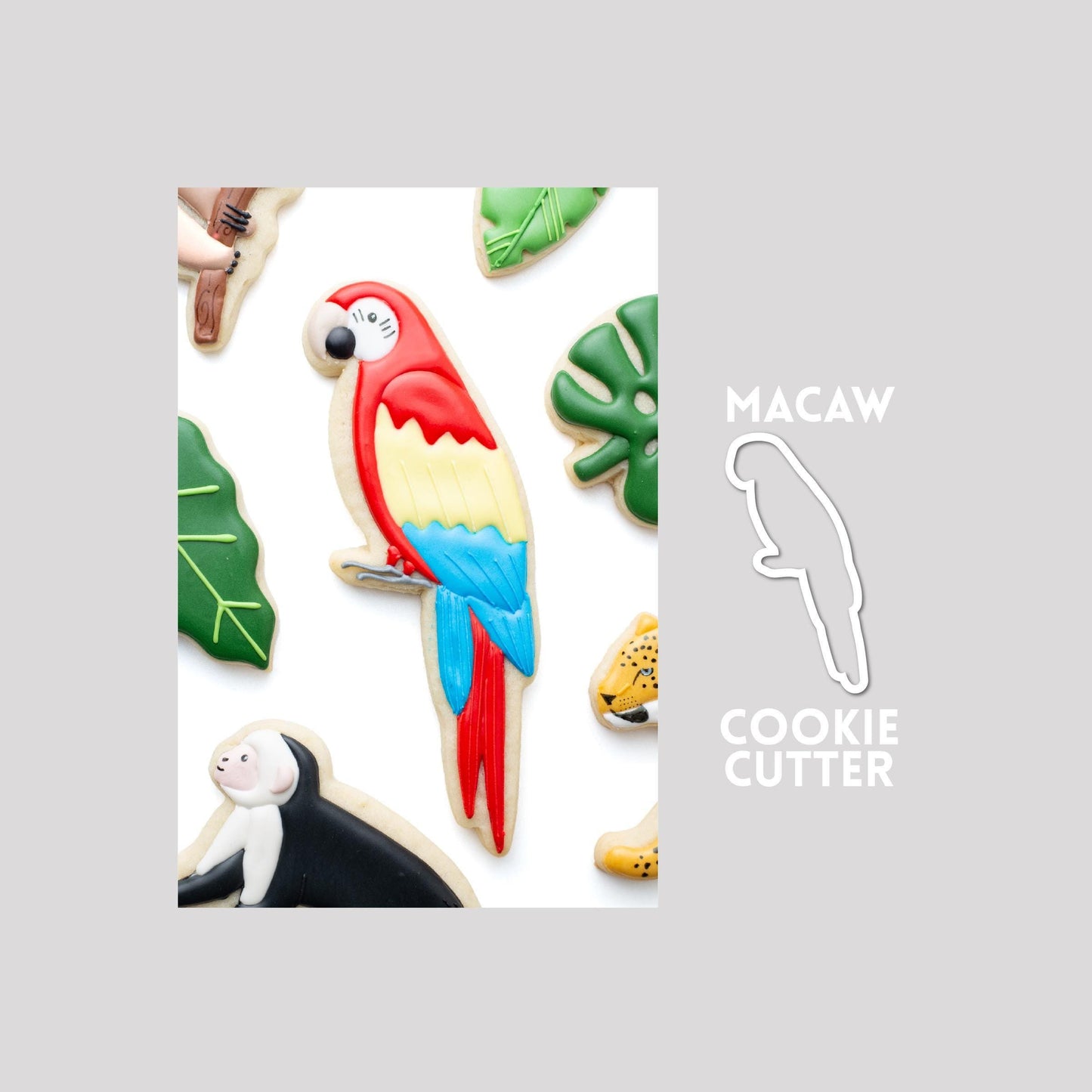Decorated macaw sugar cookie next to a macaw cookie cutter outline on a gray background.