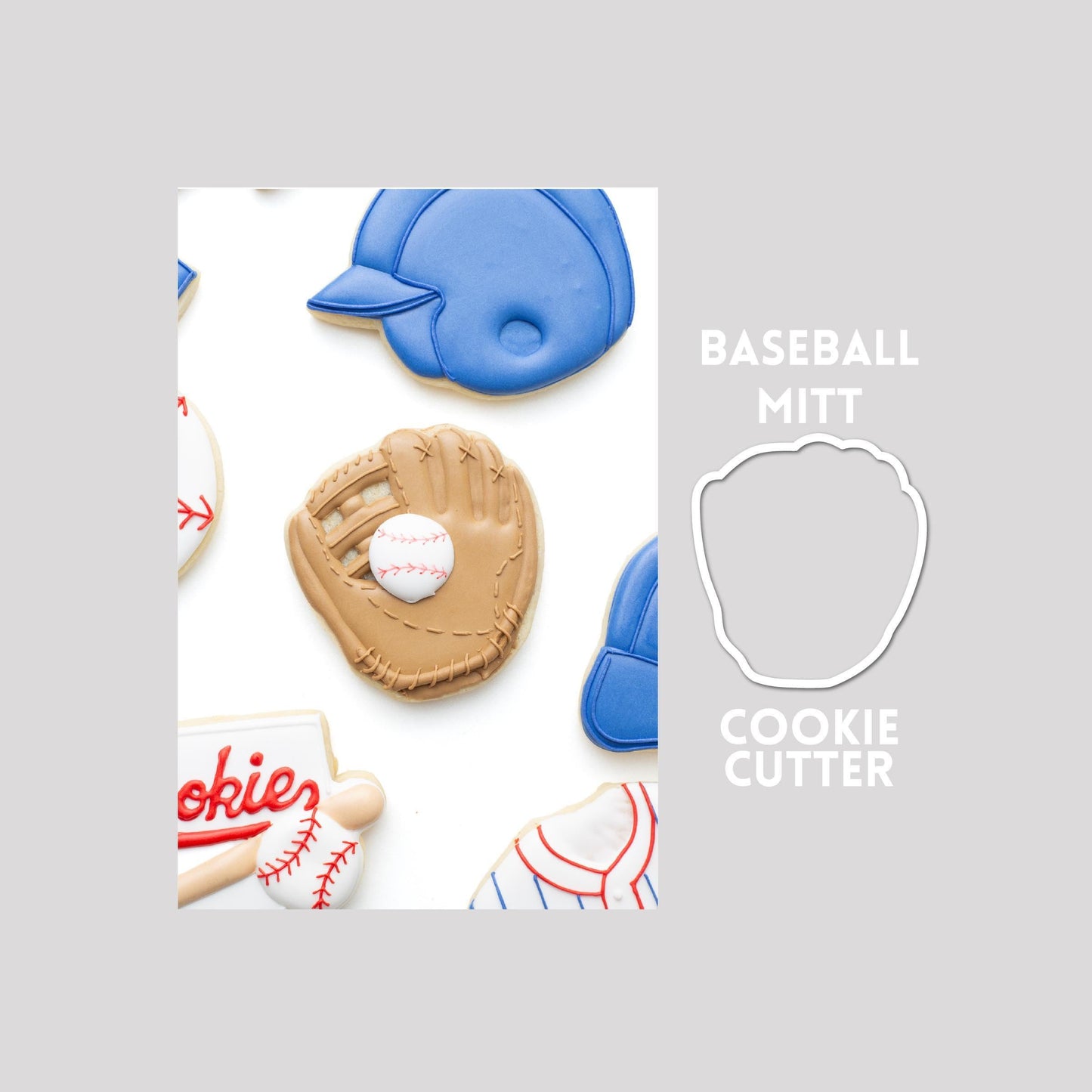Decorated baseball mitt sugar cookie next to a baseball mitt cookie cutter outline on a gray background.