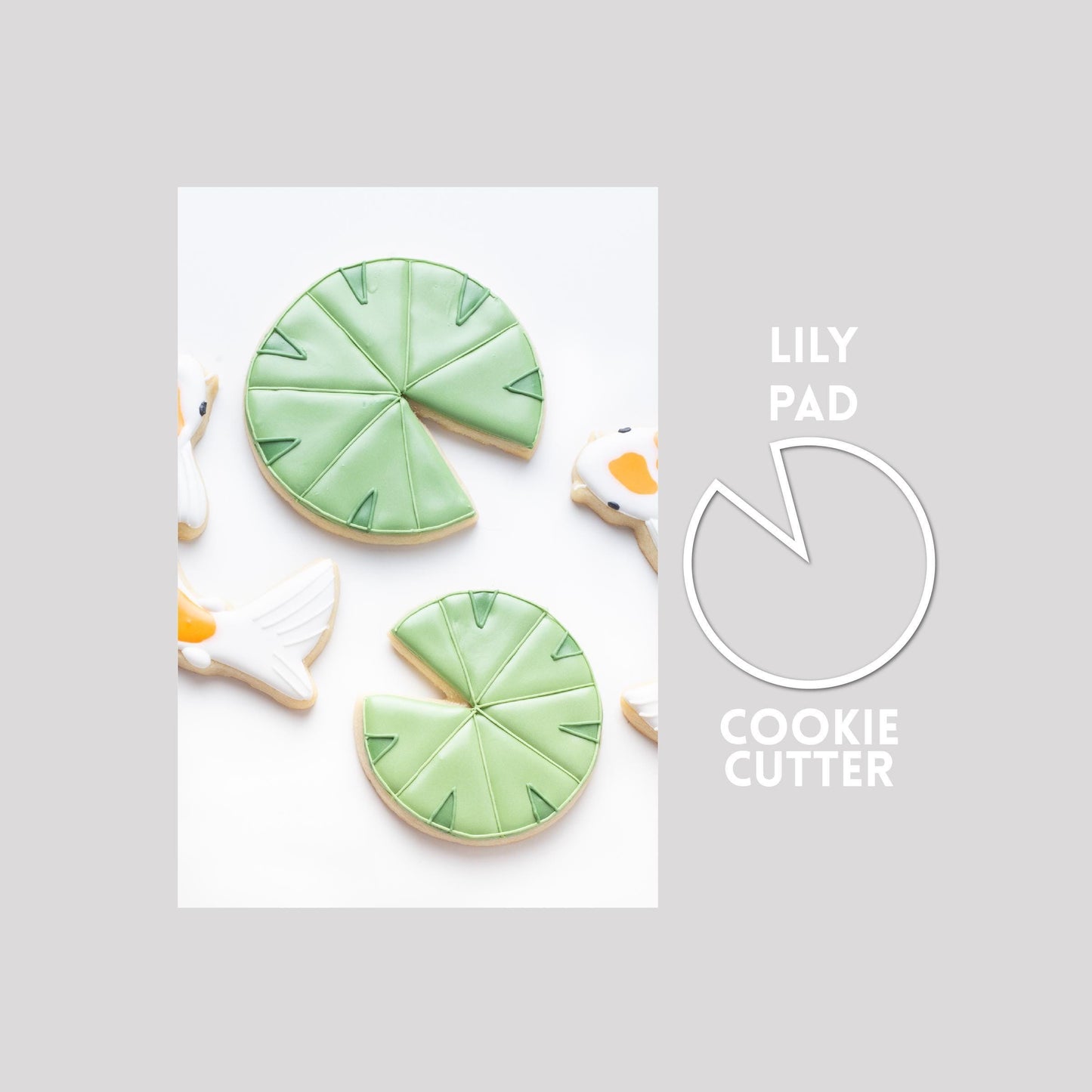 Decorated lily pad sugar cookie next to a lily pad cookie cutter outline on a gray background.