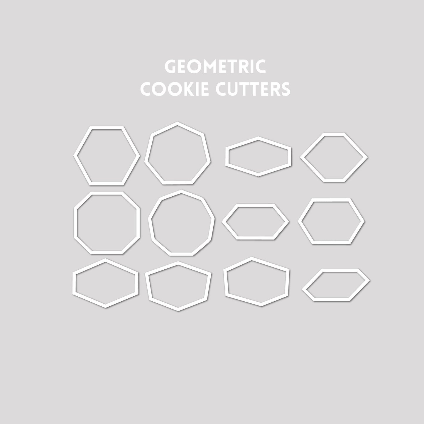 Various geometric shaped cookie cutter outlines on a gray background.
