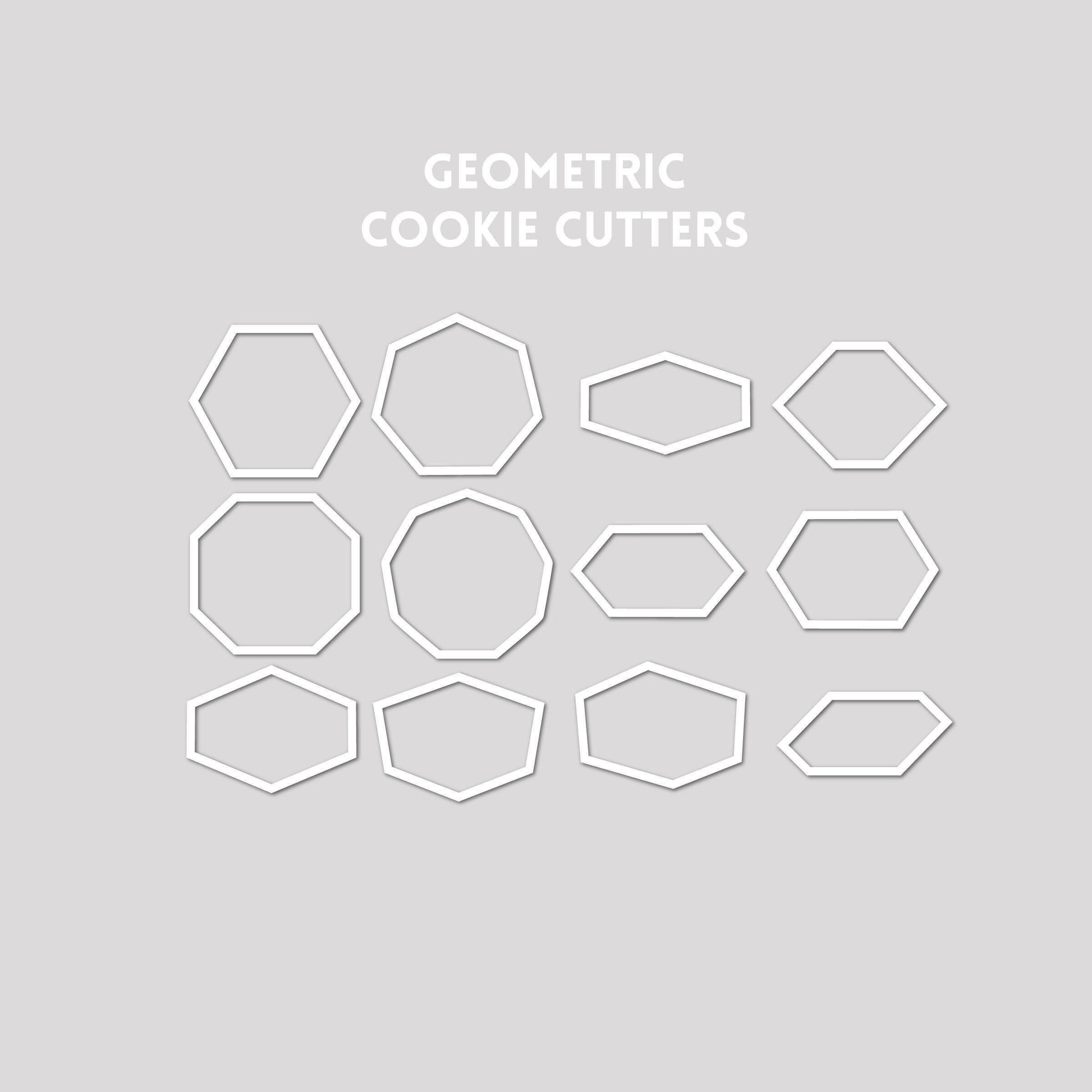 Various geometric shaped cookie cutter outlines on a gray background.