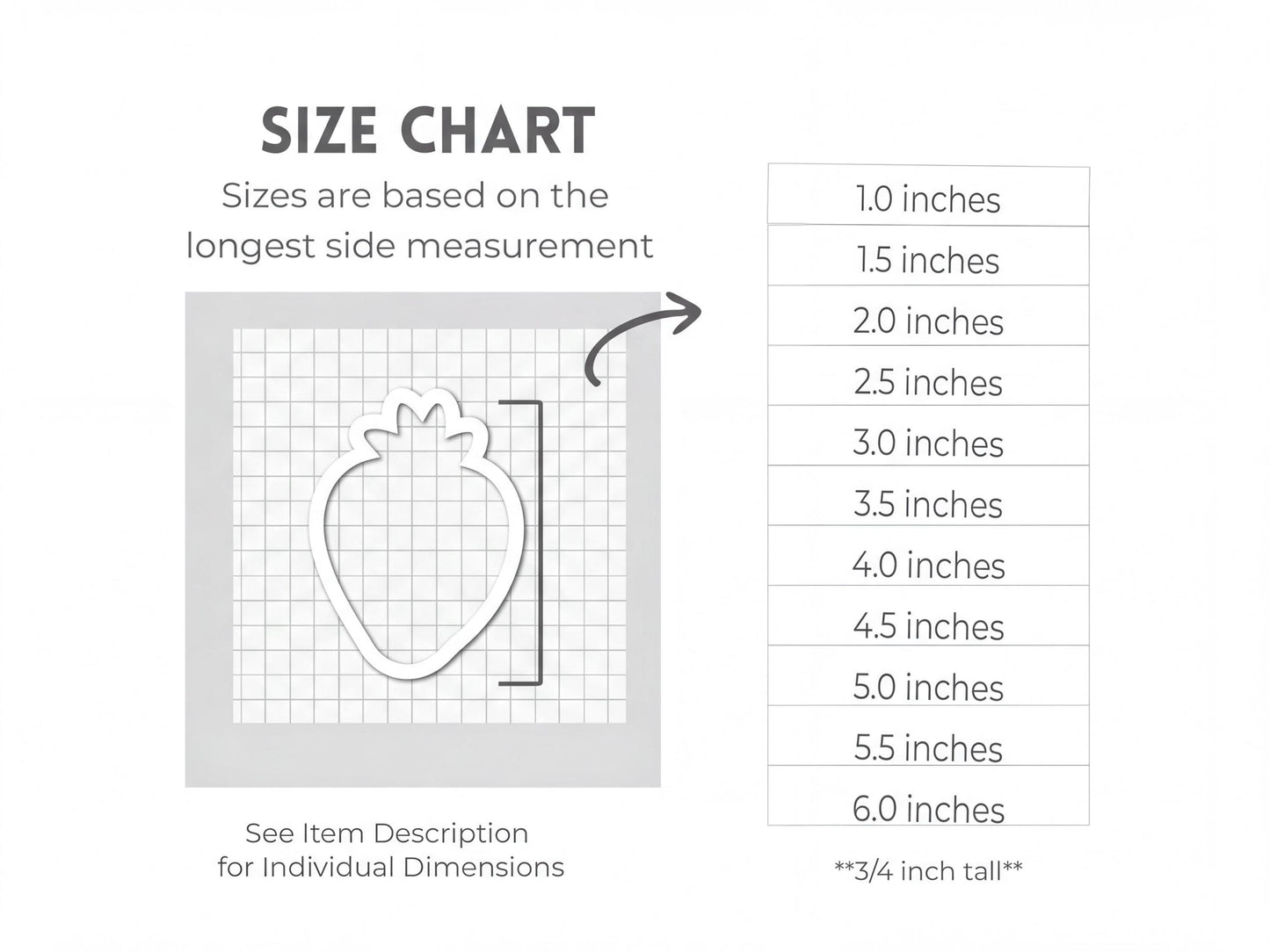 The image is a size chart that provides measurements for various sizes based on the longest side measurement. The chart includes a strawberry-shaped object and a grid for scale. The chart is designed to help users determine the appropriate size for individual dimensions.