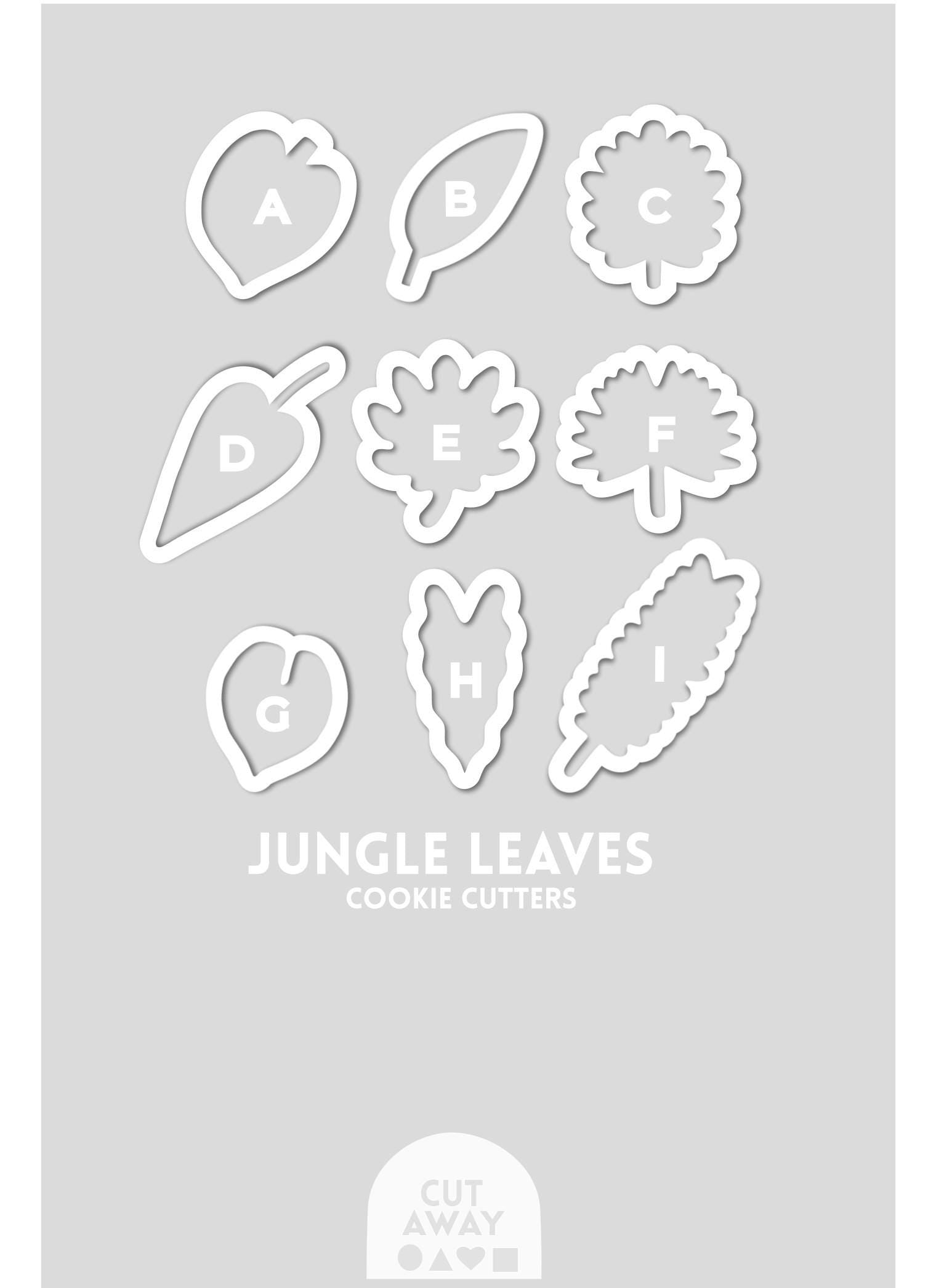 The image is a collection of nine cookie cutters, each depicting a different leaf shape, arranged in a grid-like pattern.