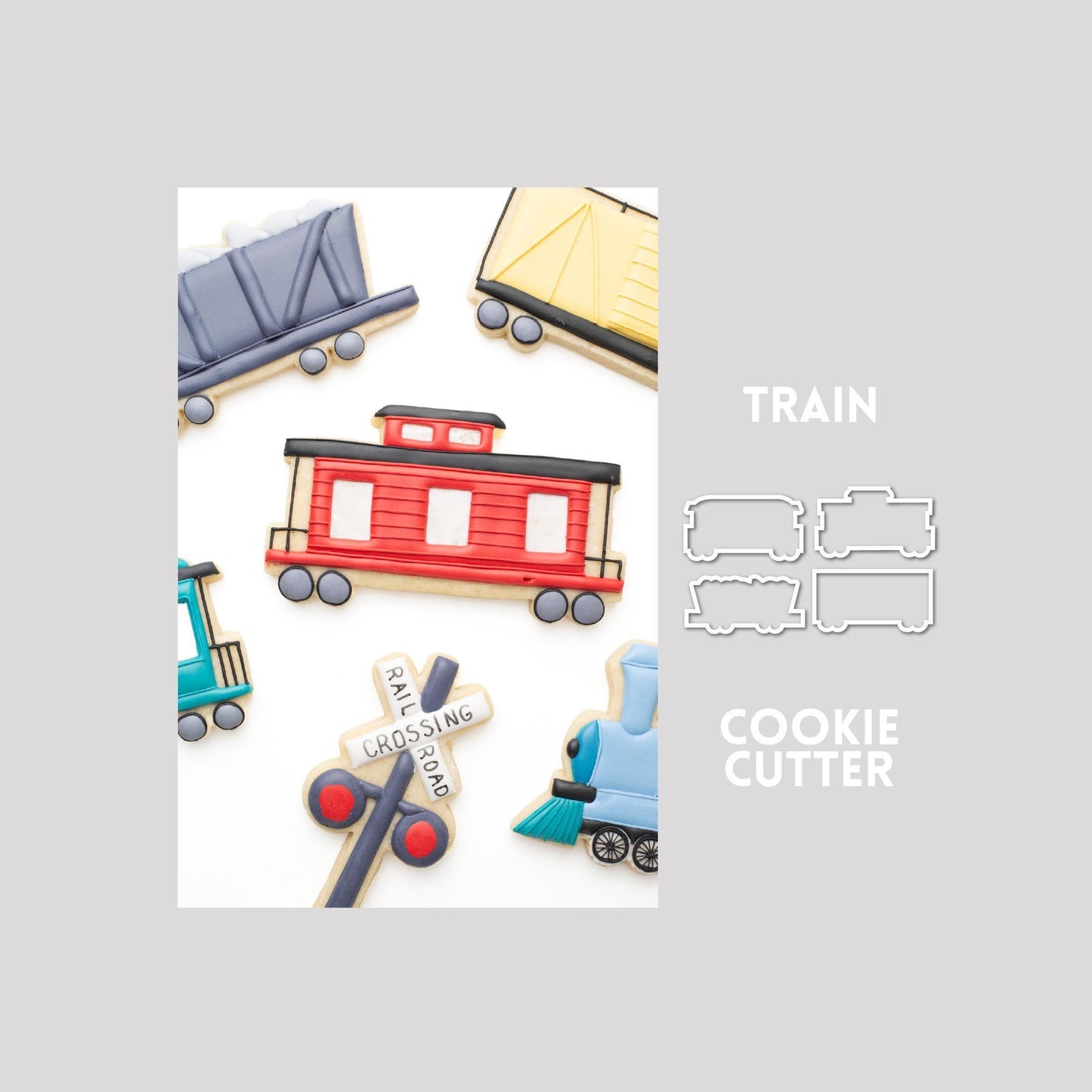 Decorated train car sugar cookie next to a train car cookie cutter outline on a gray background.