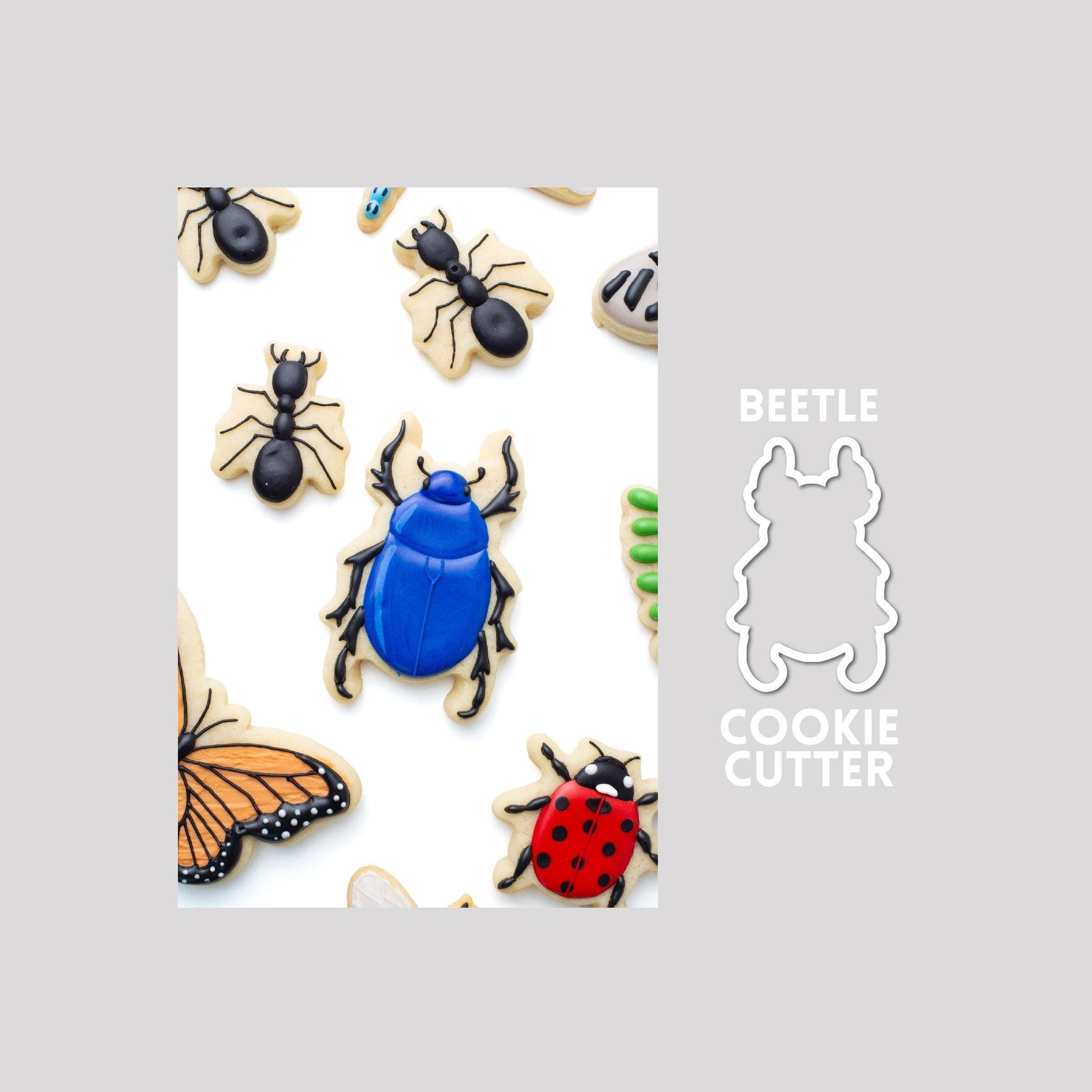 Decorated beetle sugar cookie next to a beetle cookie cutter outline on a gray background.