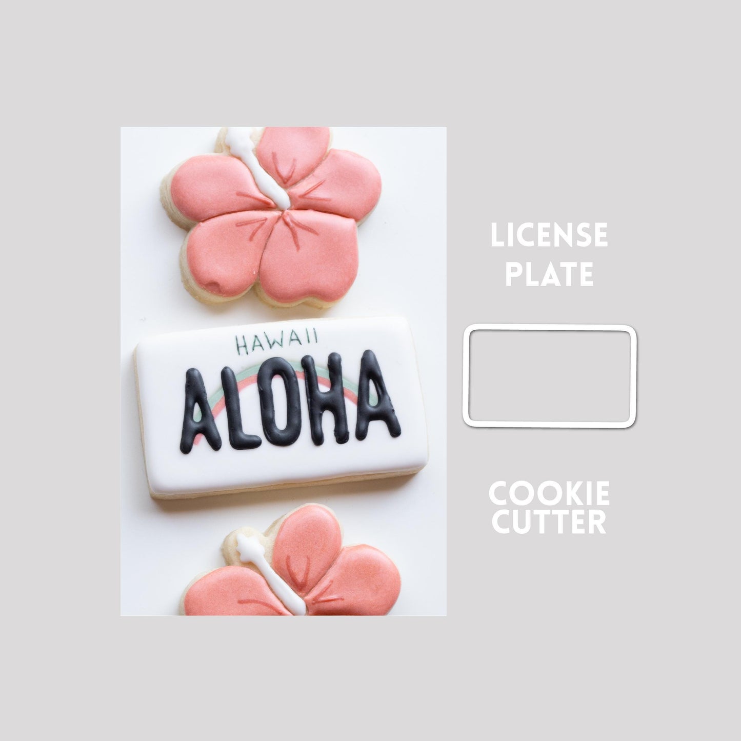 Decorated license plate sugar cookie next to a license plate cookie cutter outline on a gray background.