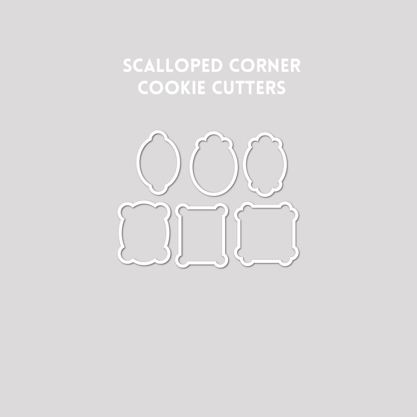 Various scalloped corner shaped cookie cutter outlines on a gray background.