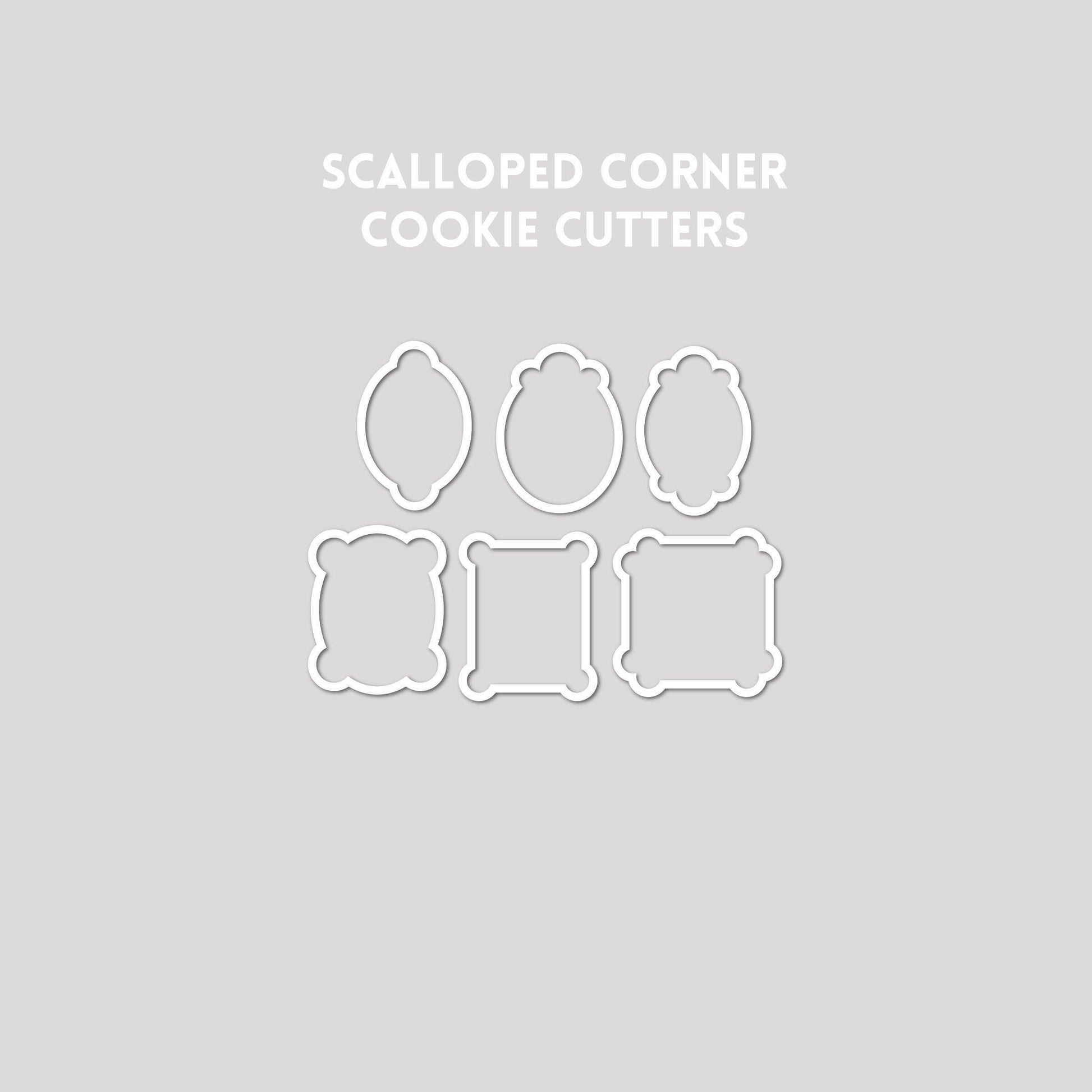 Various scalloped corner shaped cookie cutter outlines on a gray background.