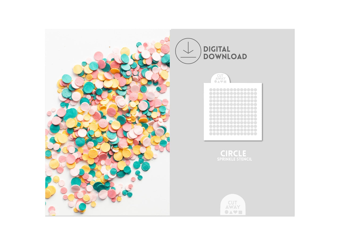 Circle sprinkles next to a circle sprinkle stencil.
