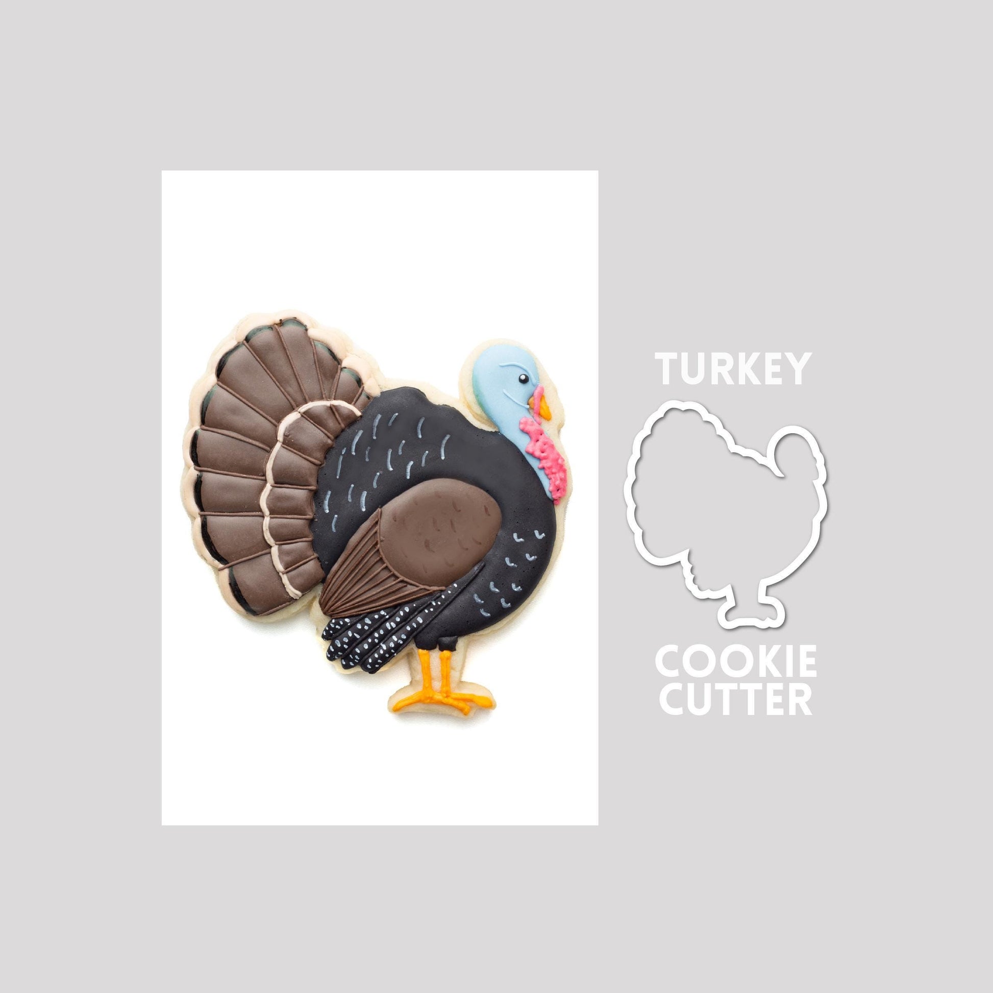 Decorated wild turkey sugar cookie next to a wild turkey cookie cutter outline on a gray background.