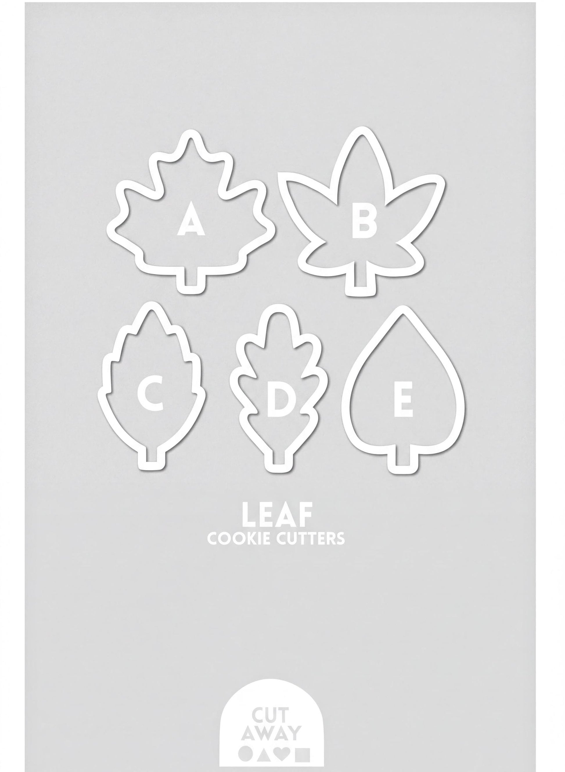The image is a collection of six leaf-shaped cookie cutters, each with a different letter on it, arranged in a grid-like pattern.