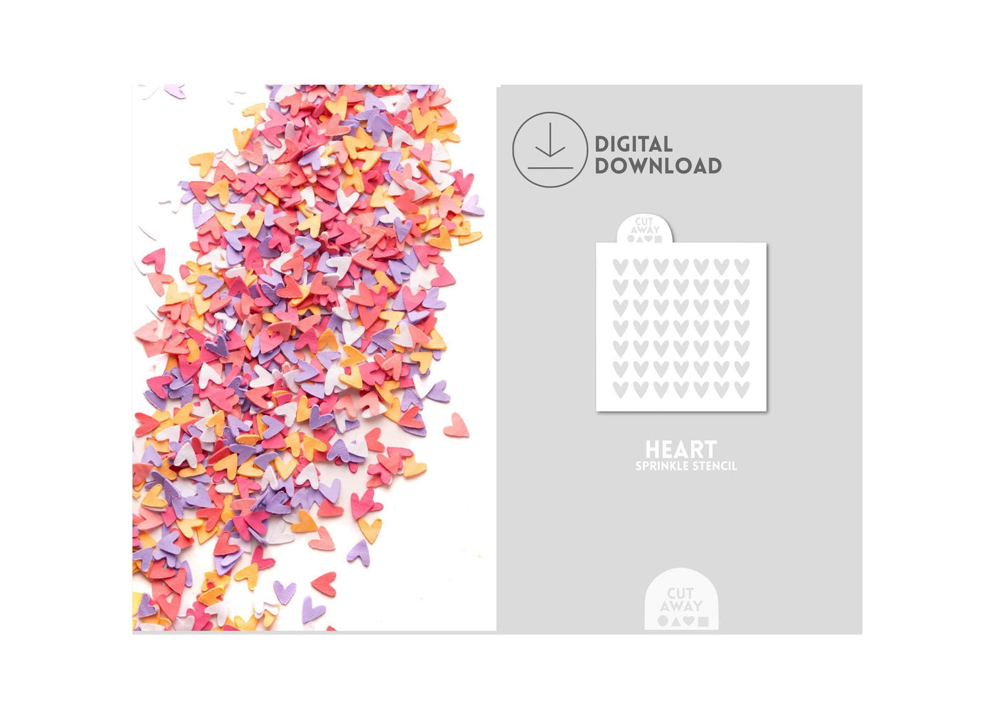 Heart sprinkle sprinkles next to a heart sprinkle stencil.