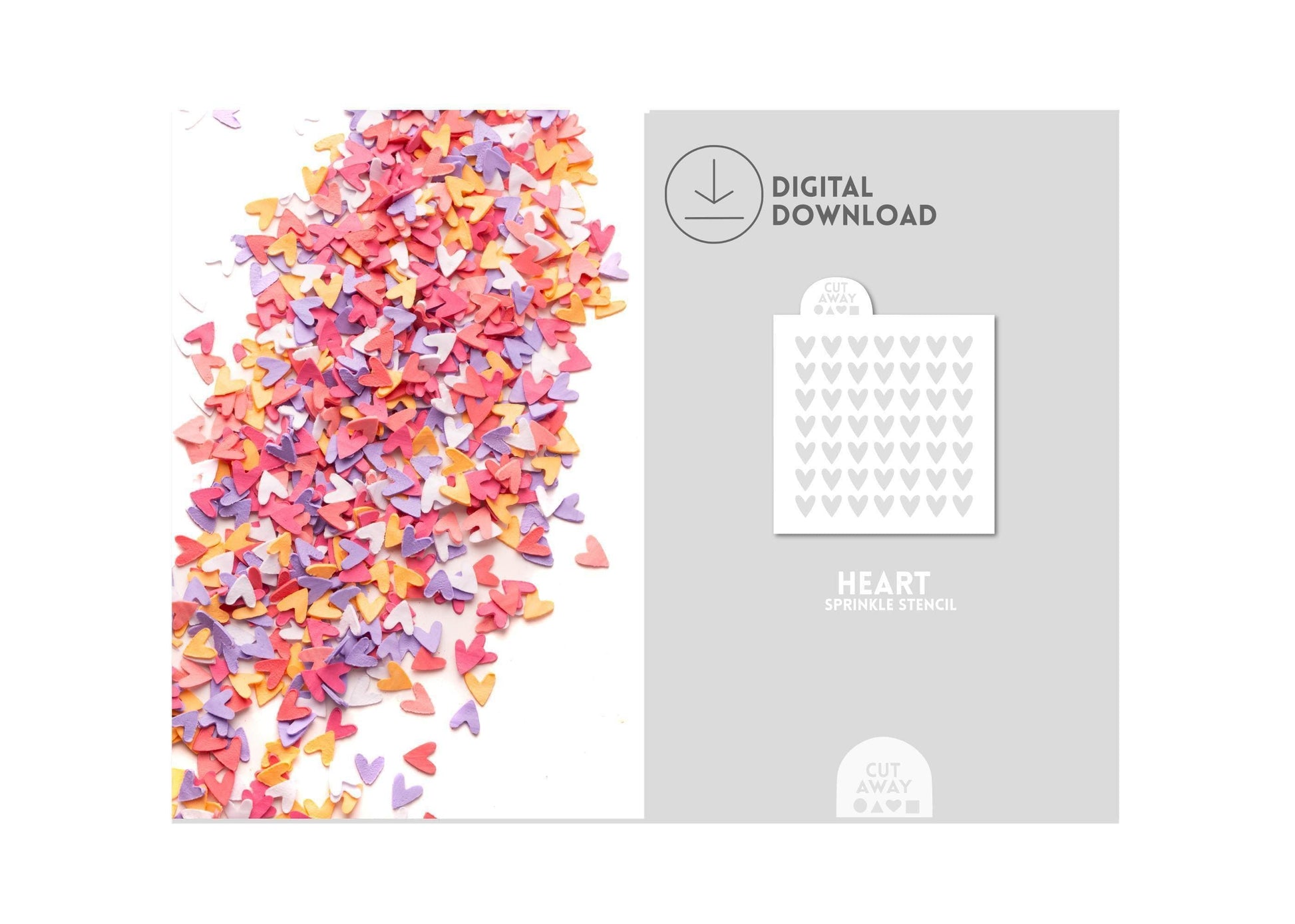 Heart sprinkle sprinkles next to a heart sprinkle stencil.
