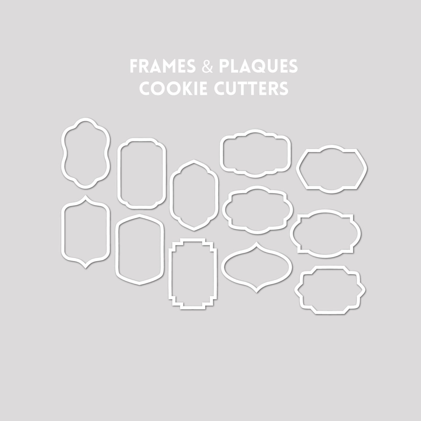 Various frame and plaque cookie cutter outlines on a gray background.
