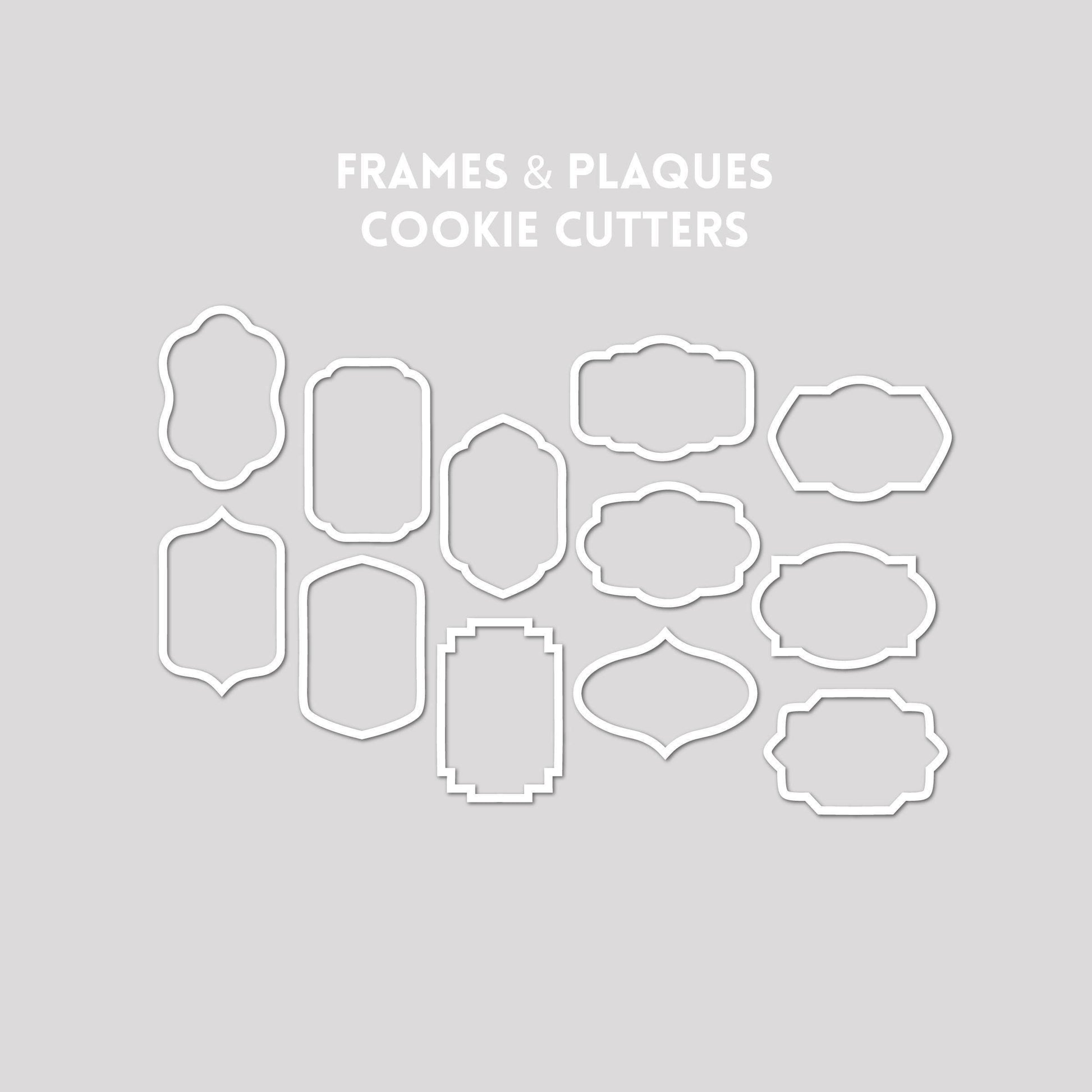 Various frame and plaque cookie cutter outlines on a gray background.