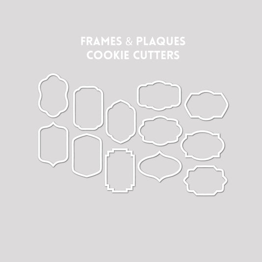 Various frame and plaque cookie cutter outlines on a gray background.