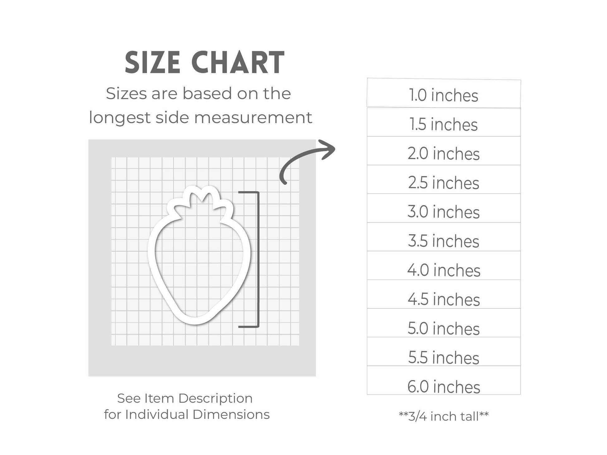 The image is a size chart that provides measurements for various sizes based on the longest side measurement. The chart includes a strawberry-shaped object and a grid for scale. The chart is designed to help users determine the appropriate size for individual dimensions.