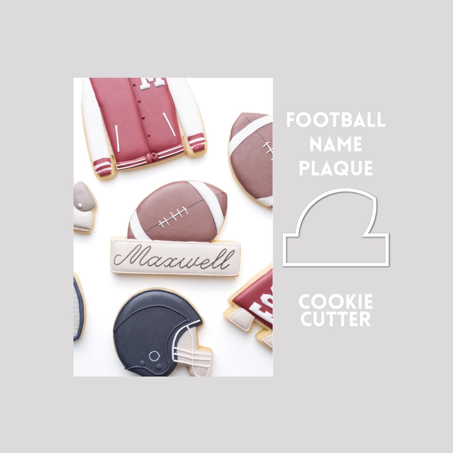 Decorated football name plaque sugar cookie next to a football name plaque cookie cutter outline on a gray background.