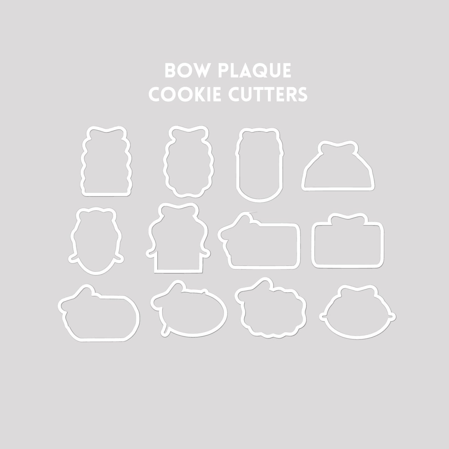 Bow plaque shaped cookie cutter outlines on a gray background.