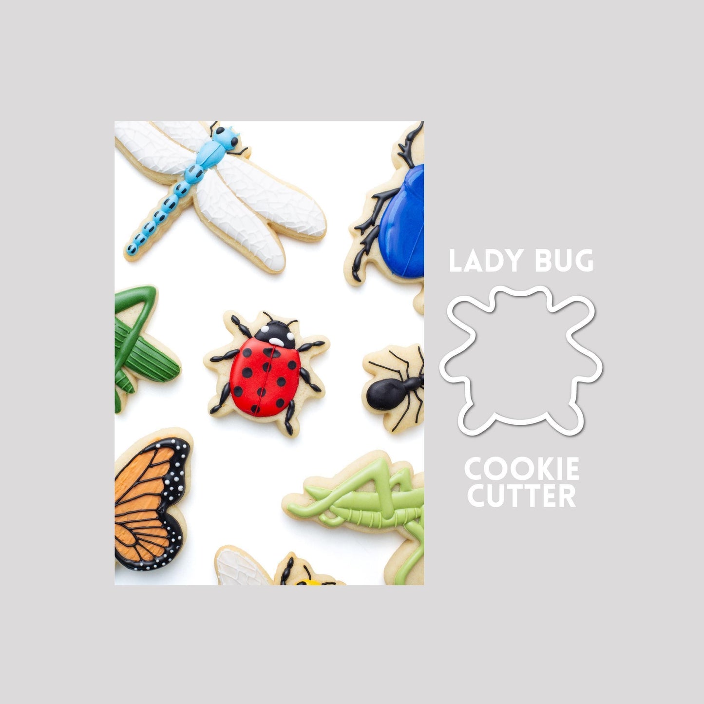 Decorated ladybug sugar cookie next to a ladybug cookie cutter outline on a gray background.