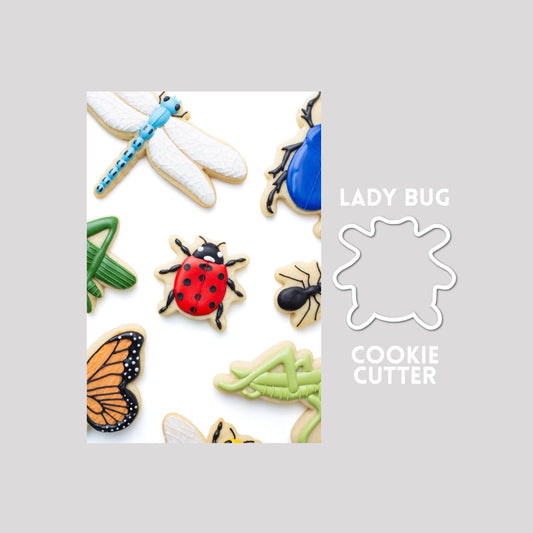 Decorated ladybug sugar cookie next to a ladybug cookie cutter outline on a gray background.