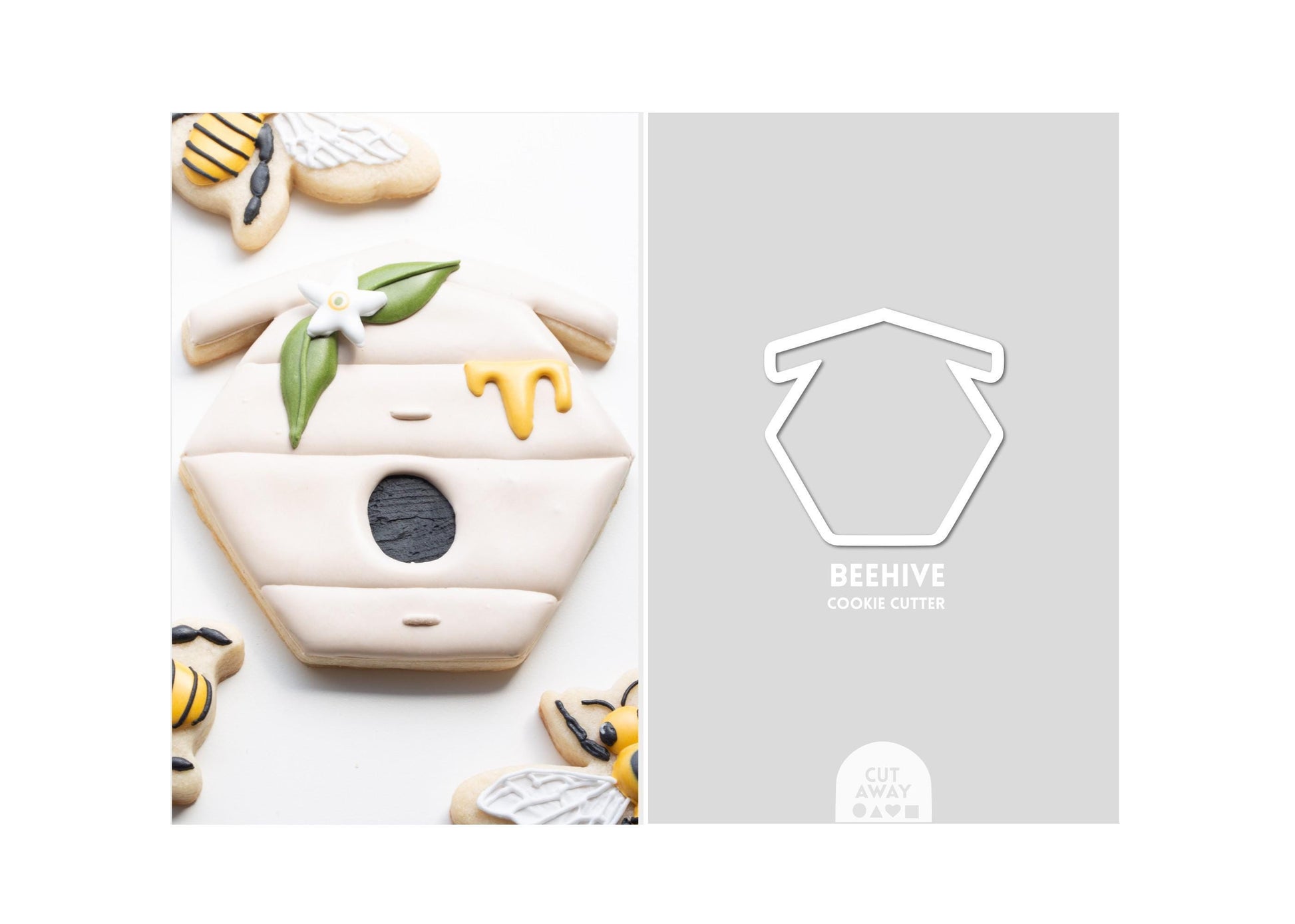 Decorated beehive sugar cookie next to a beehive cookie cutter outline on a gray background.