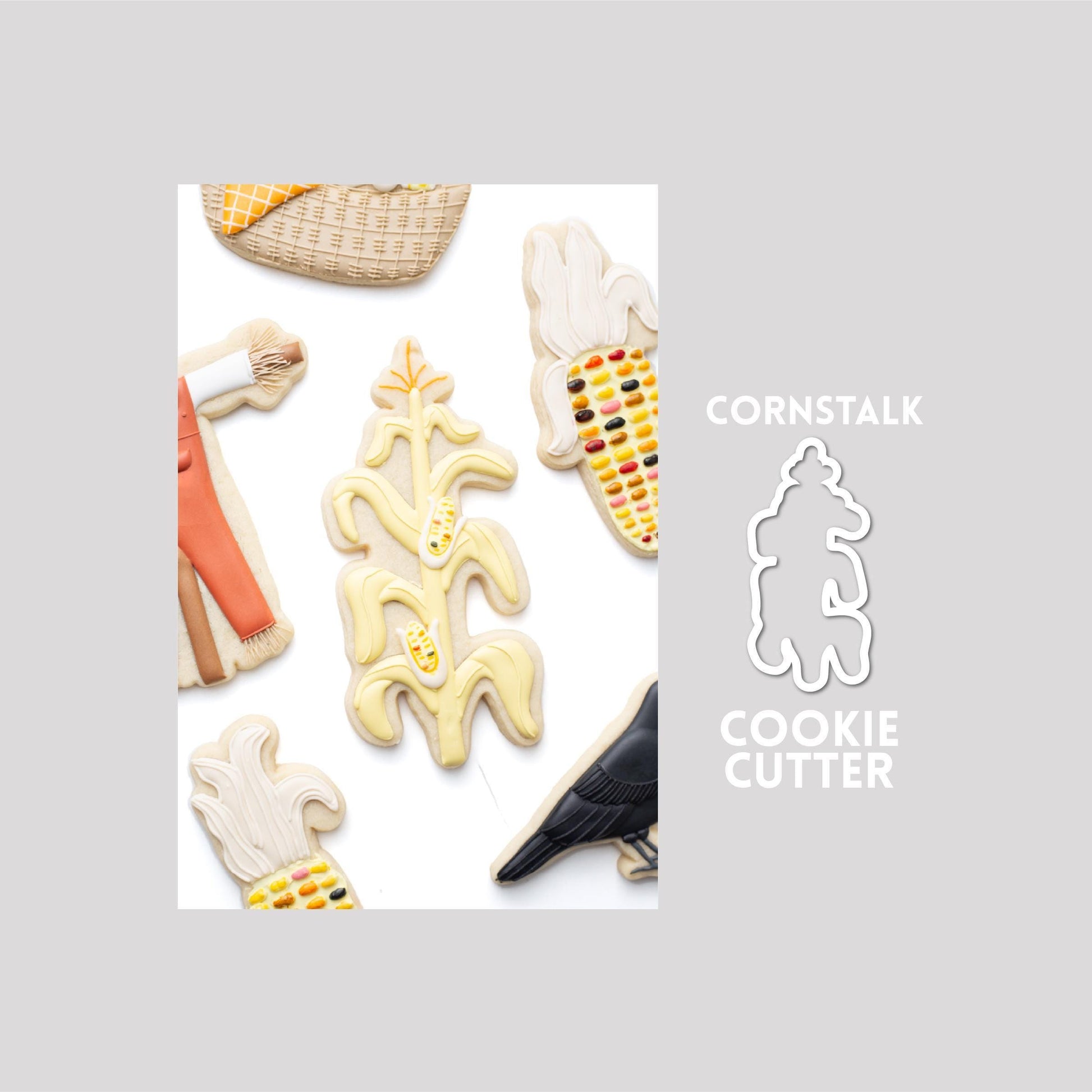 Decorated cornstalk sugar cookie next to a cornstalk cookie cutter outline on a gray background.