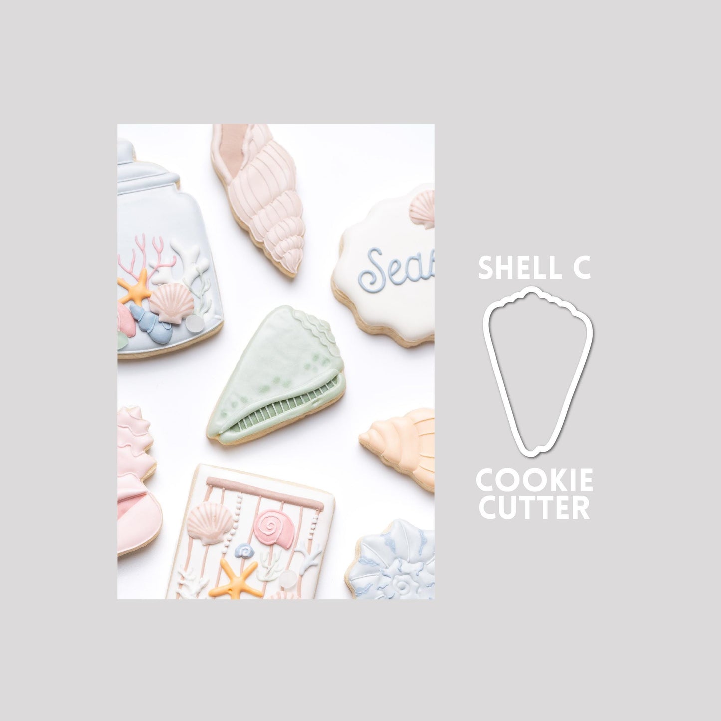 Decorated seashell sugar cookie next to a seashell cookie cutter outline on a gray background.