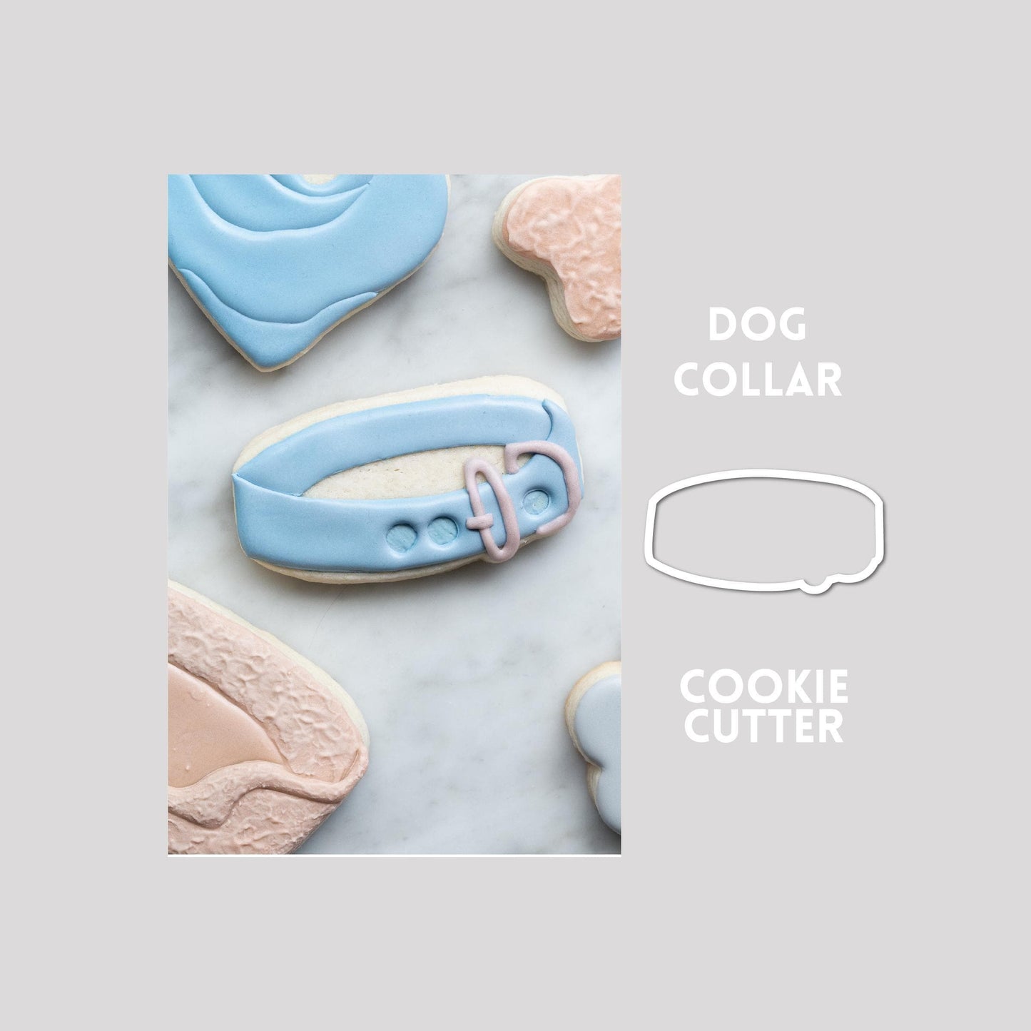 Decorated dog collar sugar cookie next to a dog collar cookie cutter outline on a gray background.
