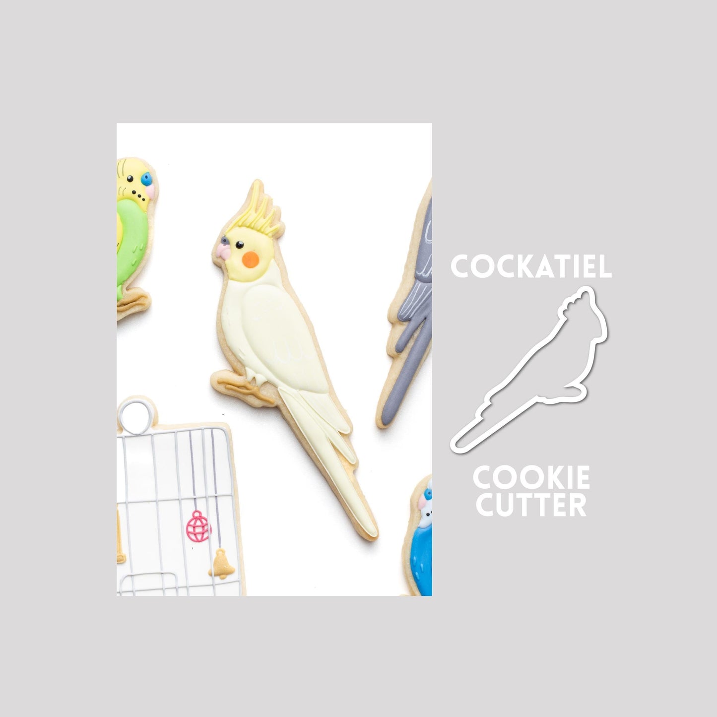Decorated cockatiel sugar cookie next to a cockatiel cookie cutter outline on a gray background.