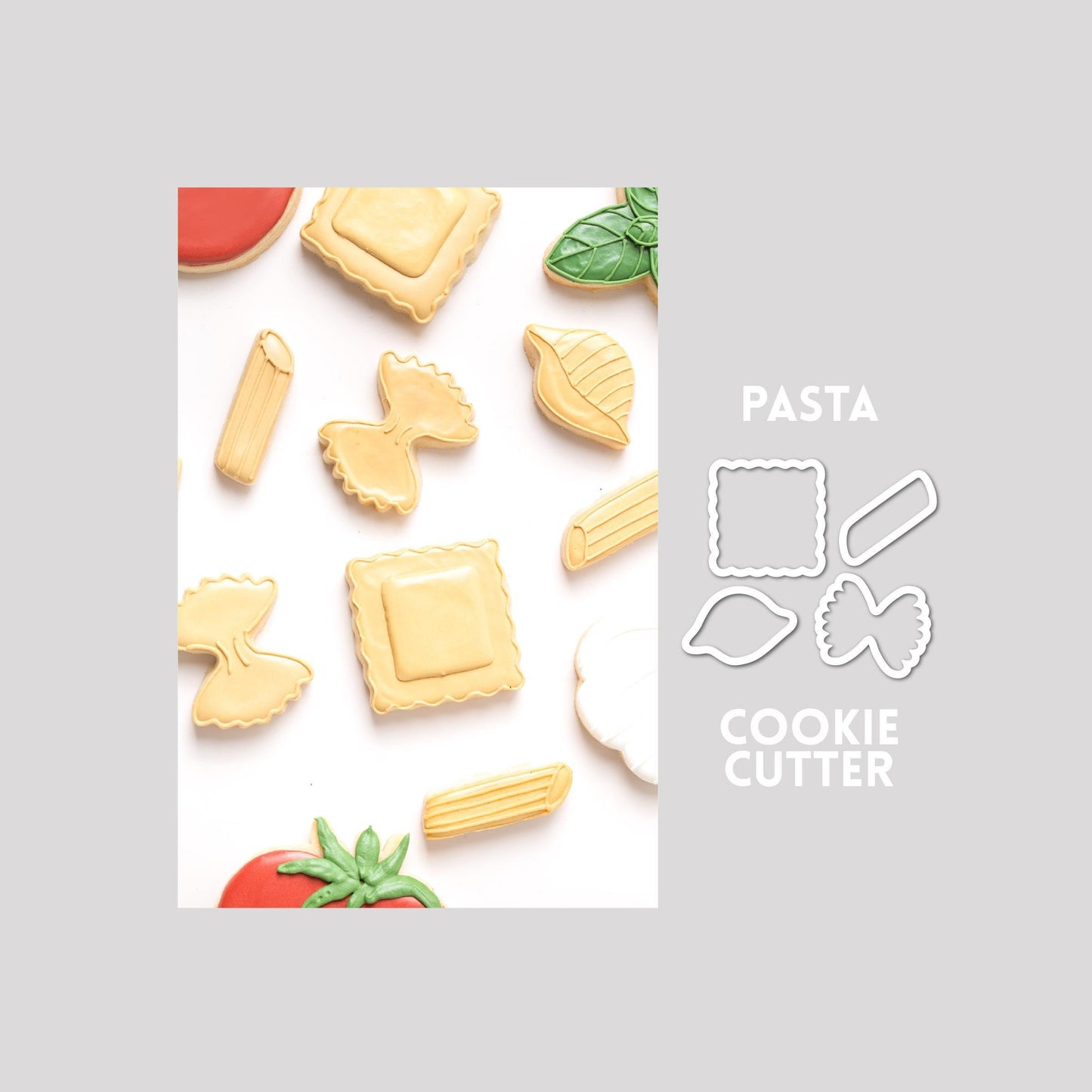 Decorated pasta sugar cookies next to pasta cookie cutter outlines on a gray background.
